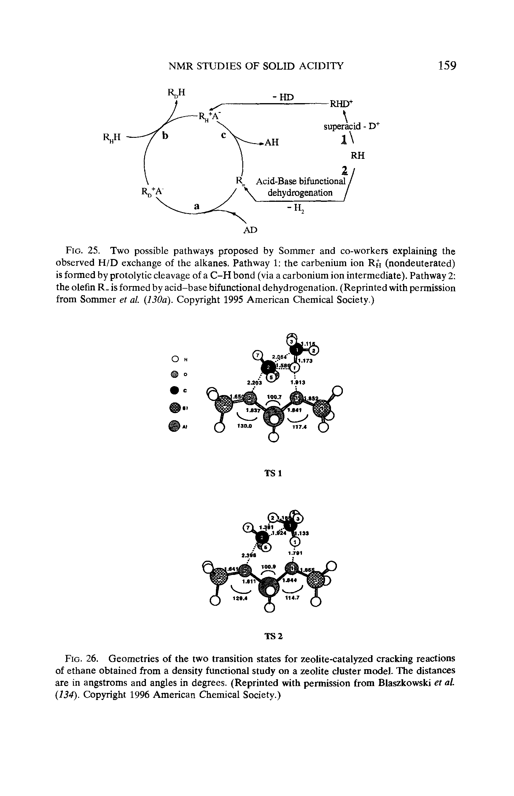 Fig. 26. Geometries of the two transition states for zeolite-catalyzed cracking reactions of ethane obtained from a density functional study on a zeolite cluster model. The distances are in angstroms and angles in degrees. (Reprinted with permission from Blaszkowski et al. (134). Copyright 1996 American Chemical Society.)...