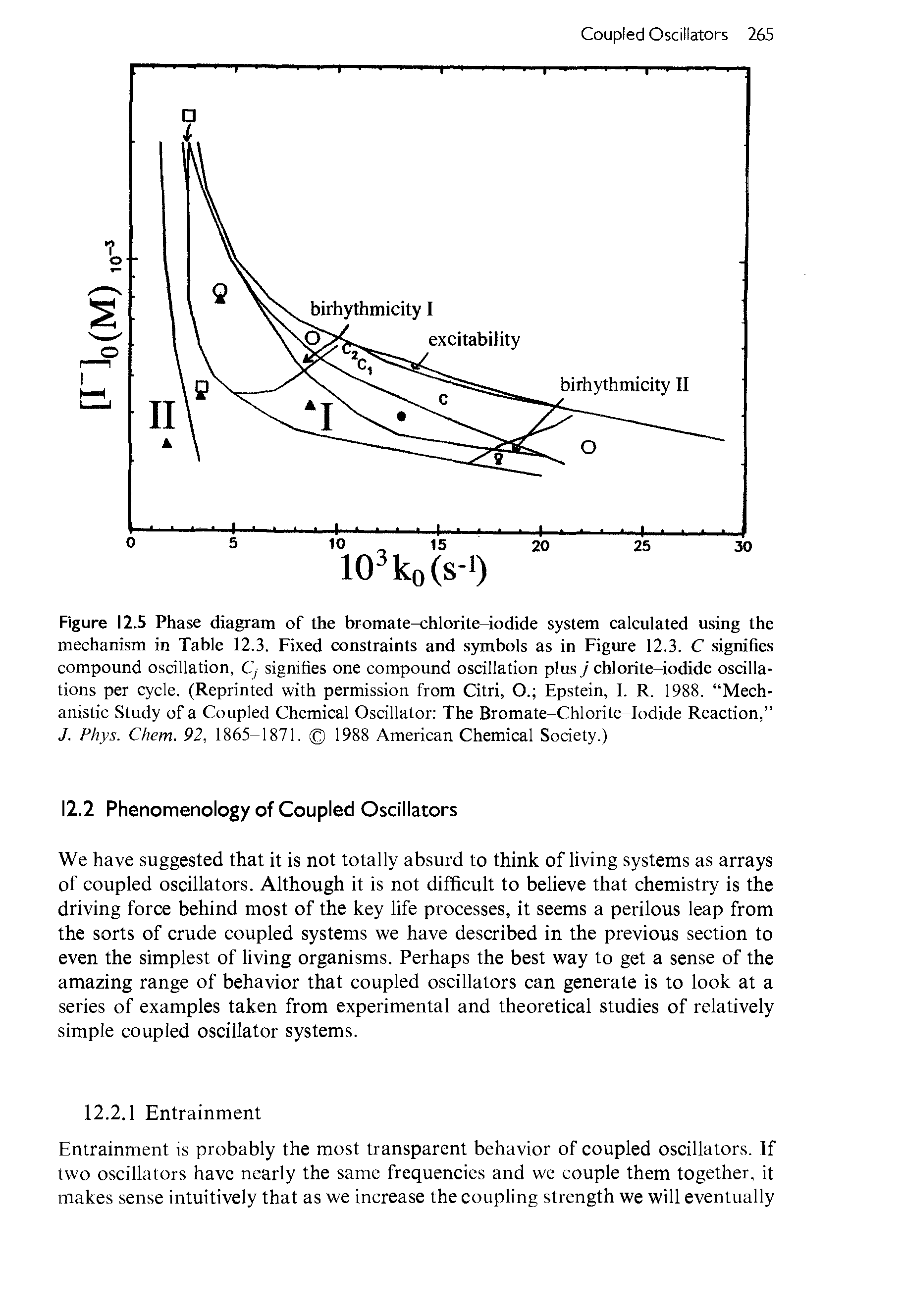 Figure 12.5 Phase diagram of the bromate-chlorite-iodide system calculated using the mechanism in Table 12.3. Fixed constraints and symbols as in Figure 12.3. C signifies compound oscillation, C, signifies one compound oscillation plus j chlorite-iodide oscillations per cycle, (Reprinted with permission from Citri, O. Epstein, I. R. 1988. Mechanistic Study of a Coupled Chemical Oscillator The Bromate-Chlorite-Iodide Reaction, J. Phys. Chem. 92, 1865-1871. 1988 American Chemical Society.)...