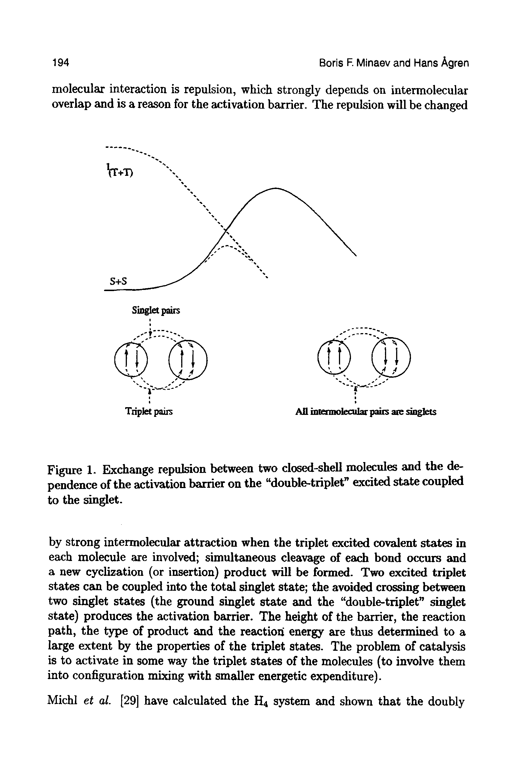 Figure 1. Exchange repulsion between two closed-shell molecules and the dependence of the activation barrier on the double-triplet excited state coupled to the singlet.