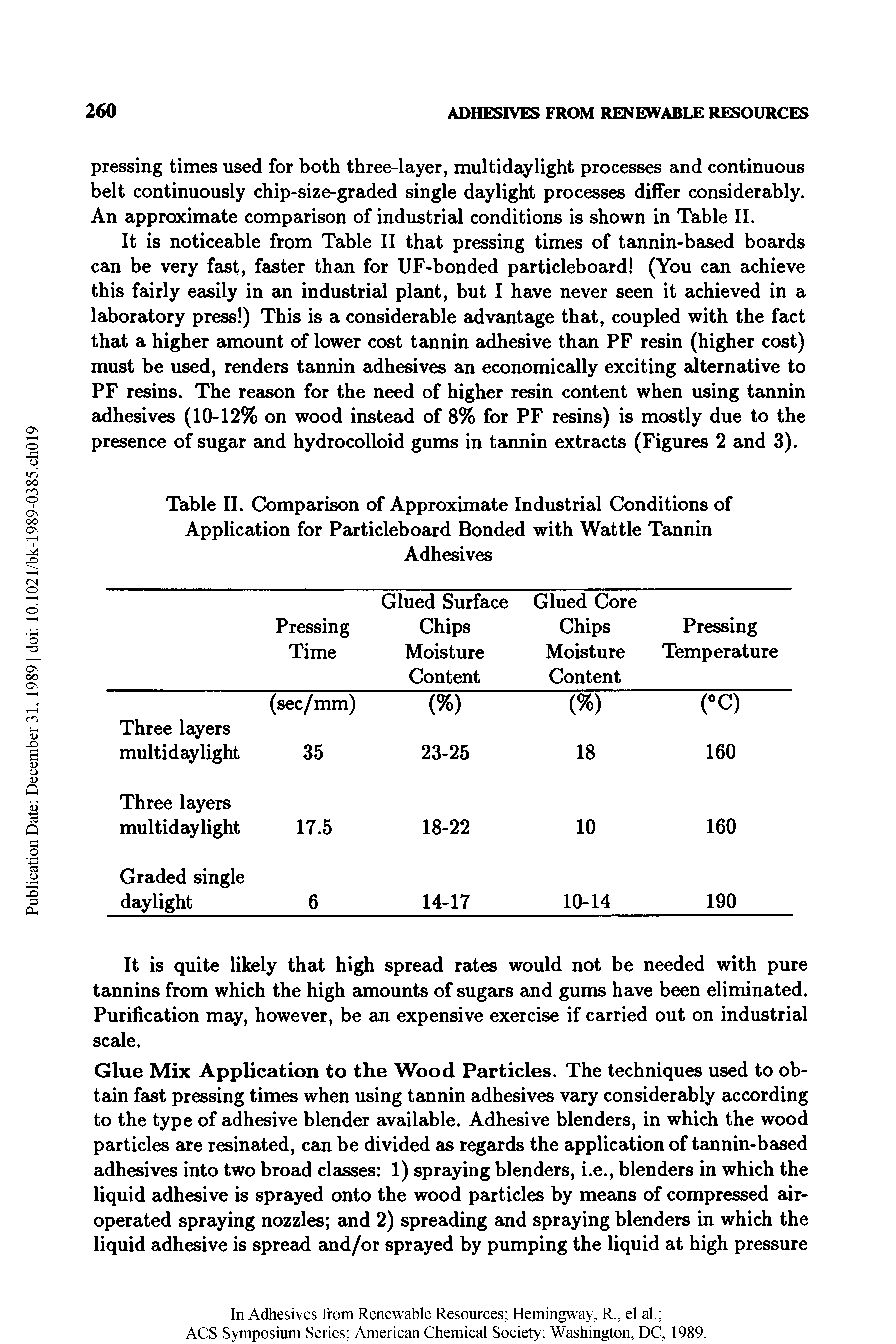 Table II. Comparison of Approximate Industrial Conditions of Application for Particleboard Bonded with Wattle Tannin Adhesives...
