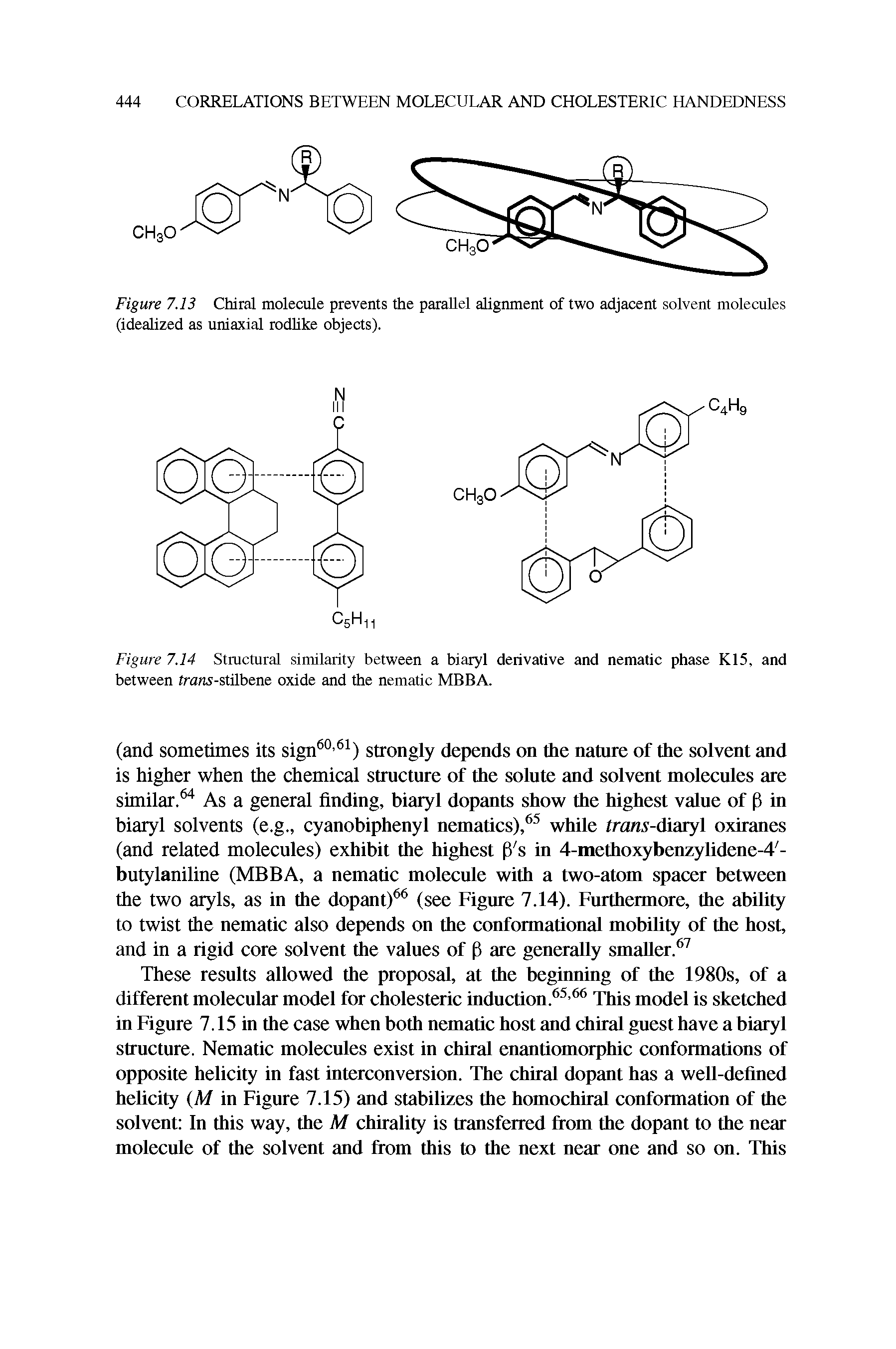 Figure 7.13 Chiral molecule prevents the parallel alignment of two adjacent solvent molecules (idealized as uniaxial rodlike objects).