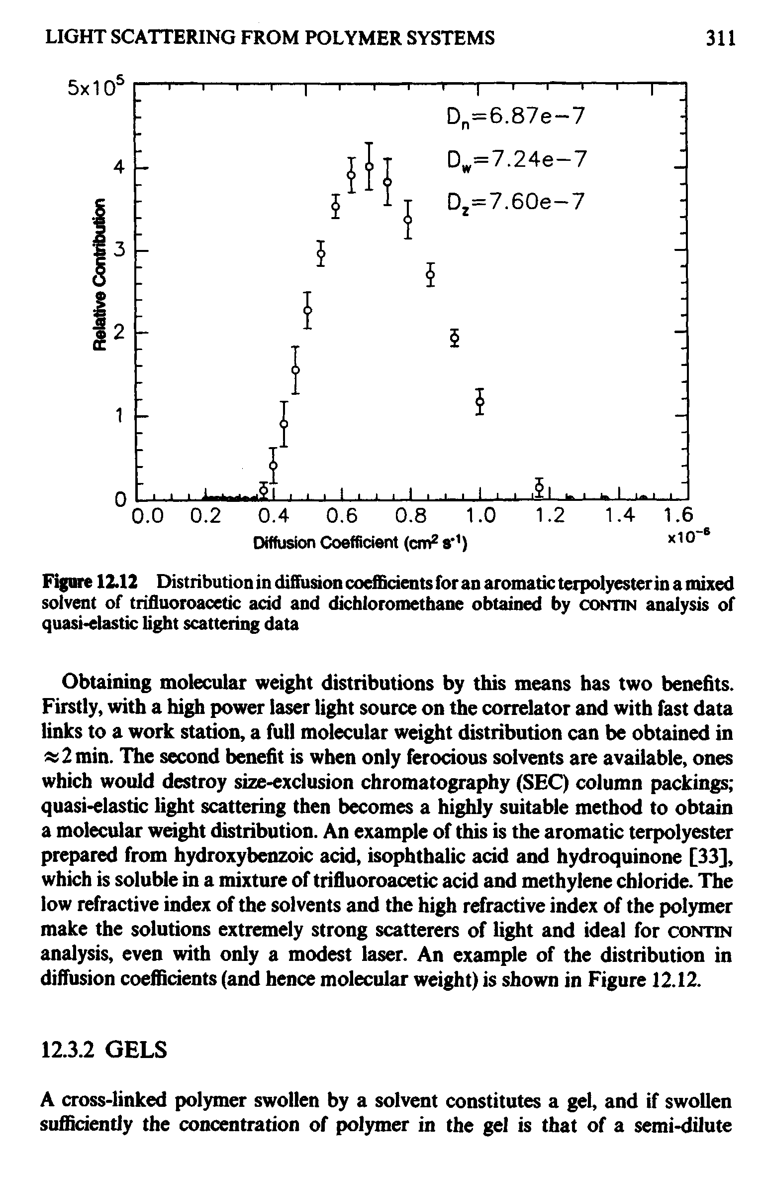 Figure 12.12 Distributionindiffusionco Bdentsforanaroiiiaticterpolyesterinaiiiixed solvent of trifluoroaoetk add and dkhlorometiiaiie obtained by contin analysis of quasi elastic light scattering data...