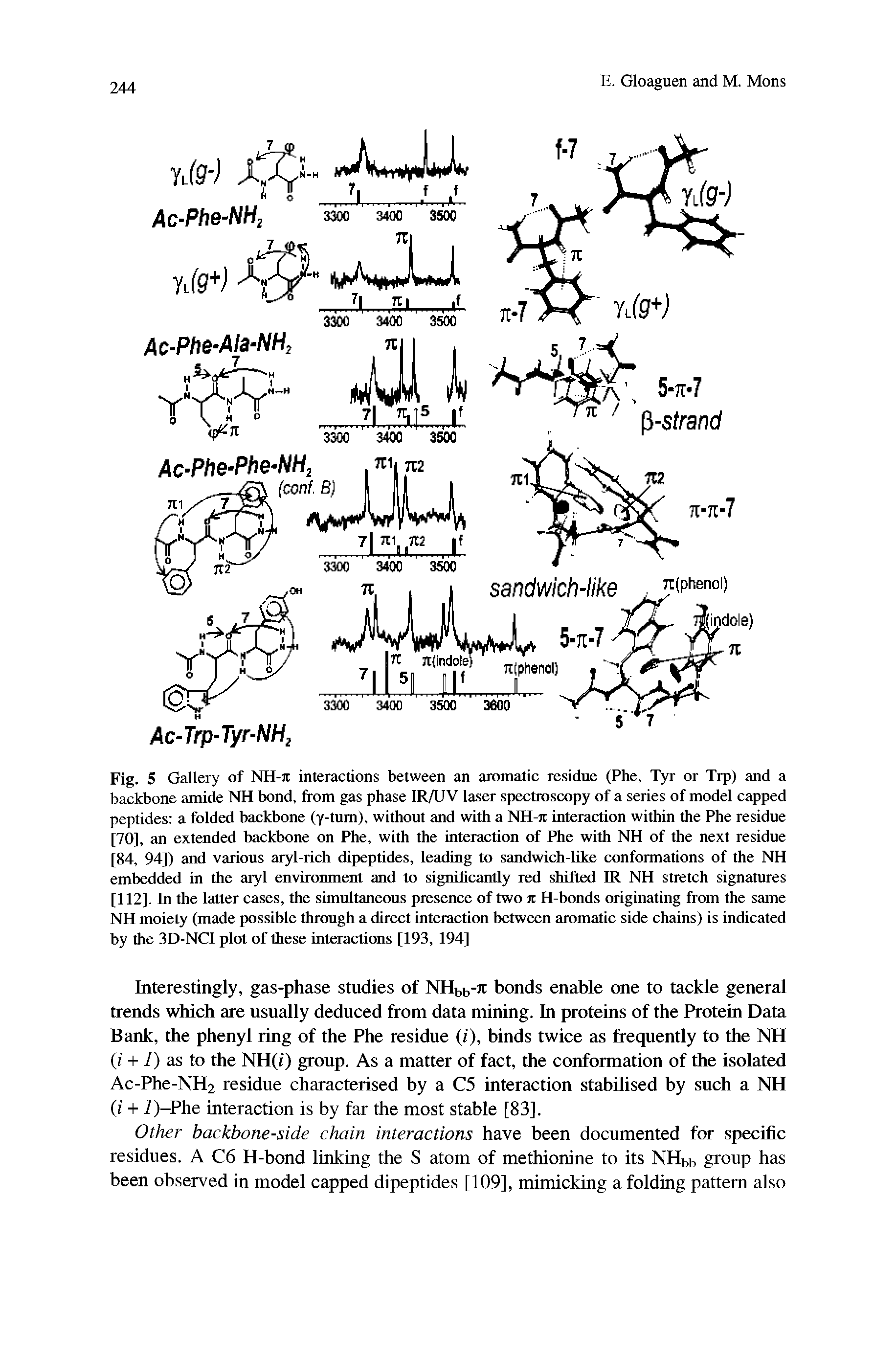 Fig. 5 Gallery of NH-)t interactions between an aromatic residne (Phe, Tyr or Tip) and a backbone amide NH bond, from gas phase IR/UV laser spectroscopy of a series of model capped peptides a folded backbone (y-tum), without and with a NH-ic interaction within the Phe residue [70], an extended backbone on Phe, with the interaction of Phe with NH of the next residue [84, 94]) and various aryl-rich dipeptides, leading to sandwich-Uke conformations of the NH embedded in the aryl environment and to significantly red shifted IR NH stretch signatures [112]. In the latter cases, the simultaneous presence of two it H-txaids raiginating from the same NH moiety (made possible through a direct interactiim between aromatic side chains) is indicated by the 3D-NCI plot of these interactions [193, 194]...