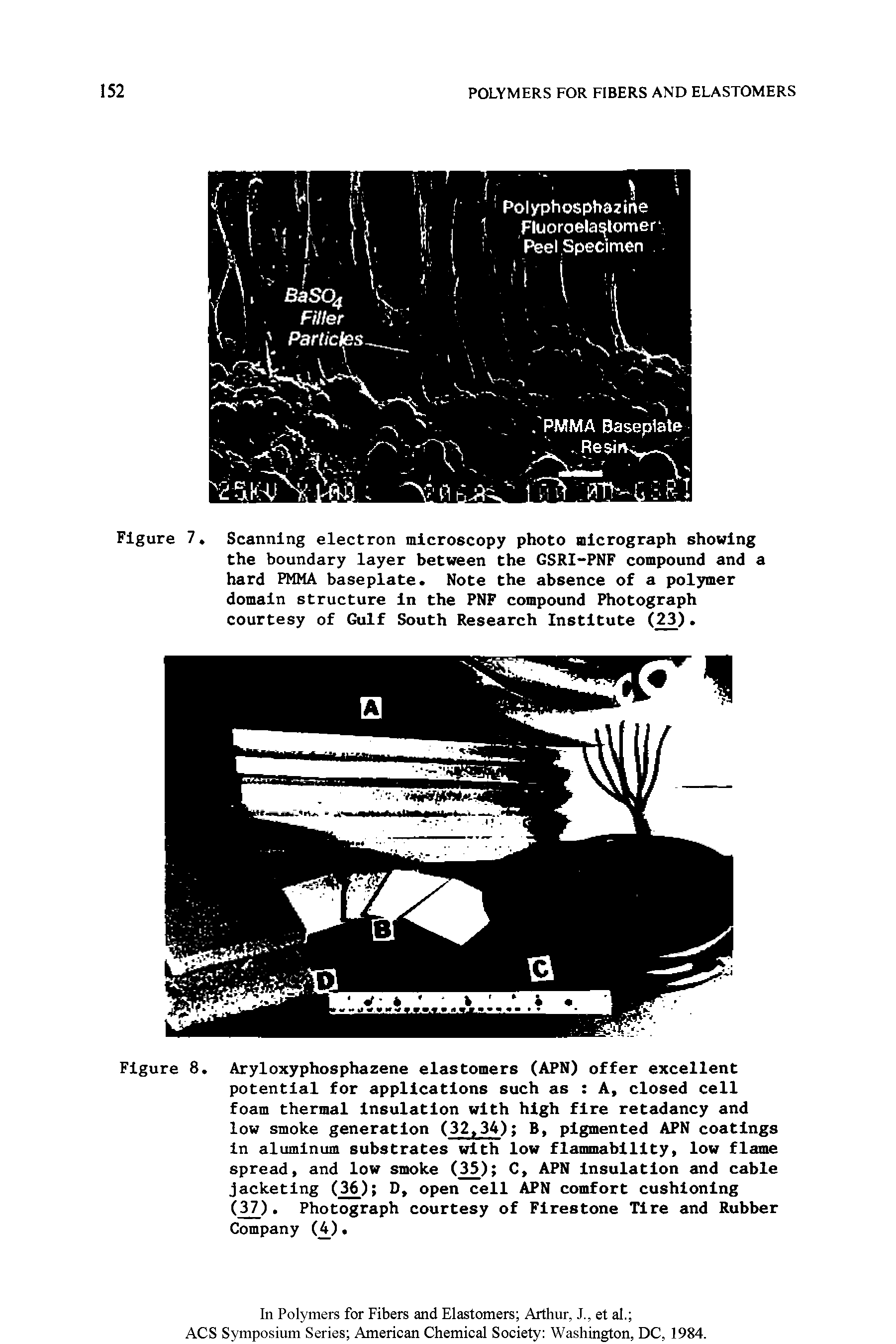 Figure 8. Aryloxyphosphazene elastomers (APN) offer excellent potential for applications such as A, closed cell foam thermal insulation with high fire retadancy and low smoke generation (32.34) B, pigmented APN coatings in aluminum substrates with low flanmablllty, low flame spread, and low smoke (35) C, APN Insulation and cable Jacketing (36) D, open cell APN comfort cushioning (37). Photograph courtesy of Firestone Tire and Rubber Company ( ).