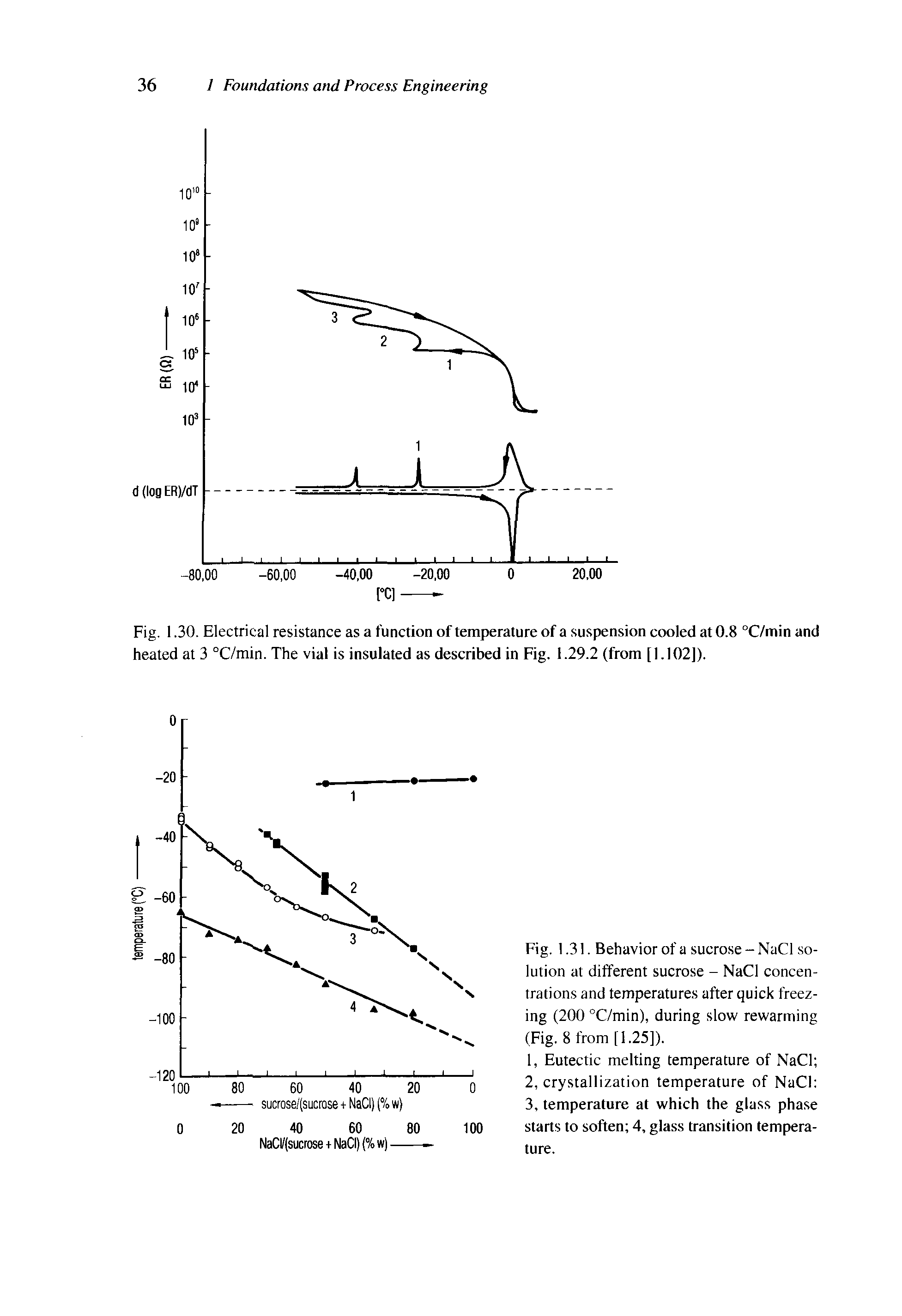 Fig. 1.31. Behavior of a sucrose - NaCI solution at different sucrose - NaCI concentrations and temperatures after quick freezing (200 °C/min), during slow rewarming (Fig. 8 from [1.25]).