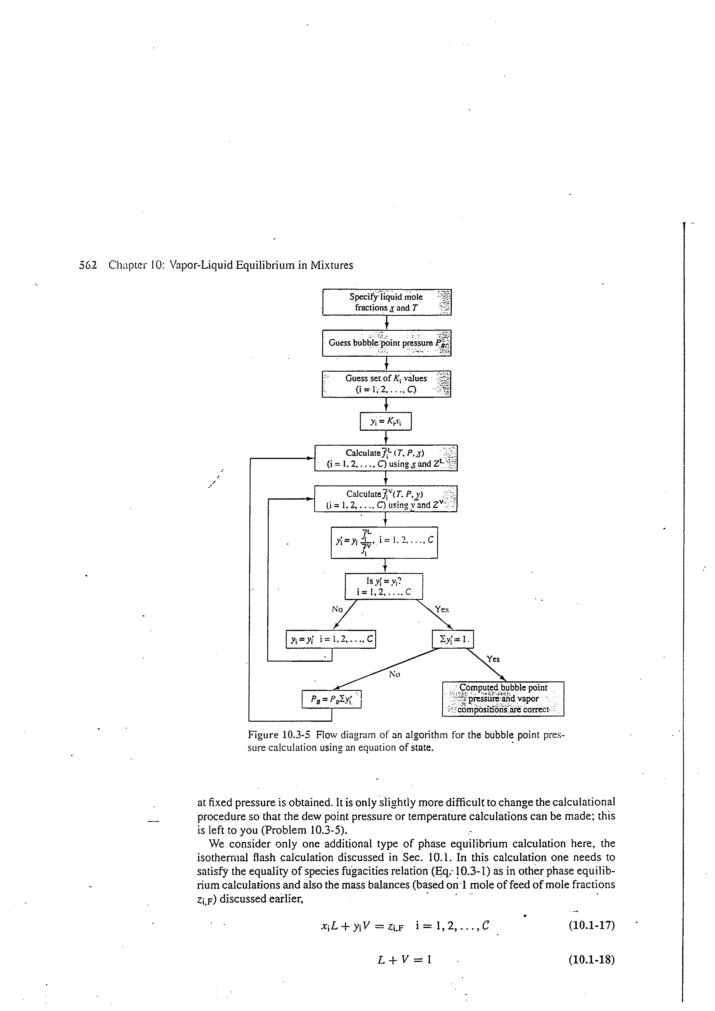 Figure 10.3-5 Flow diagram of an algorithm for the bubble point pressure calculation using an equation of state.