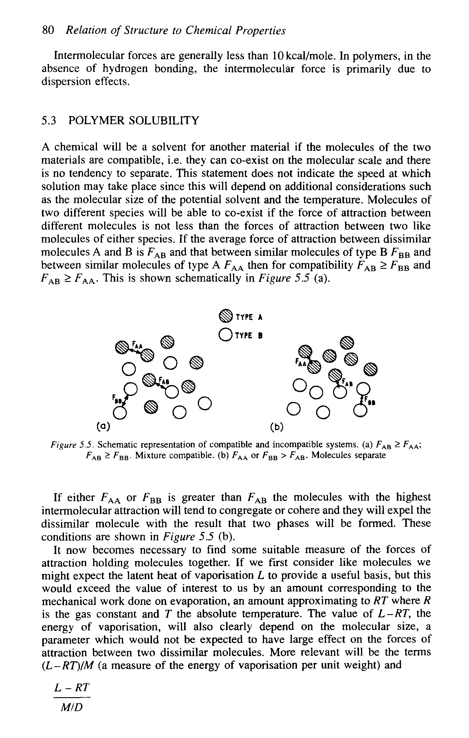 Figure 5.5. Schematic representation of compatible and incompatible systems, (a) Fab Fab - Fbb Mixture compatible, (b) Faa bb > ab- Molecules separate...