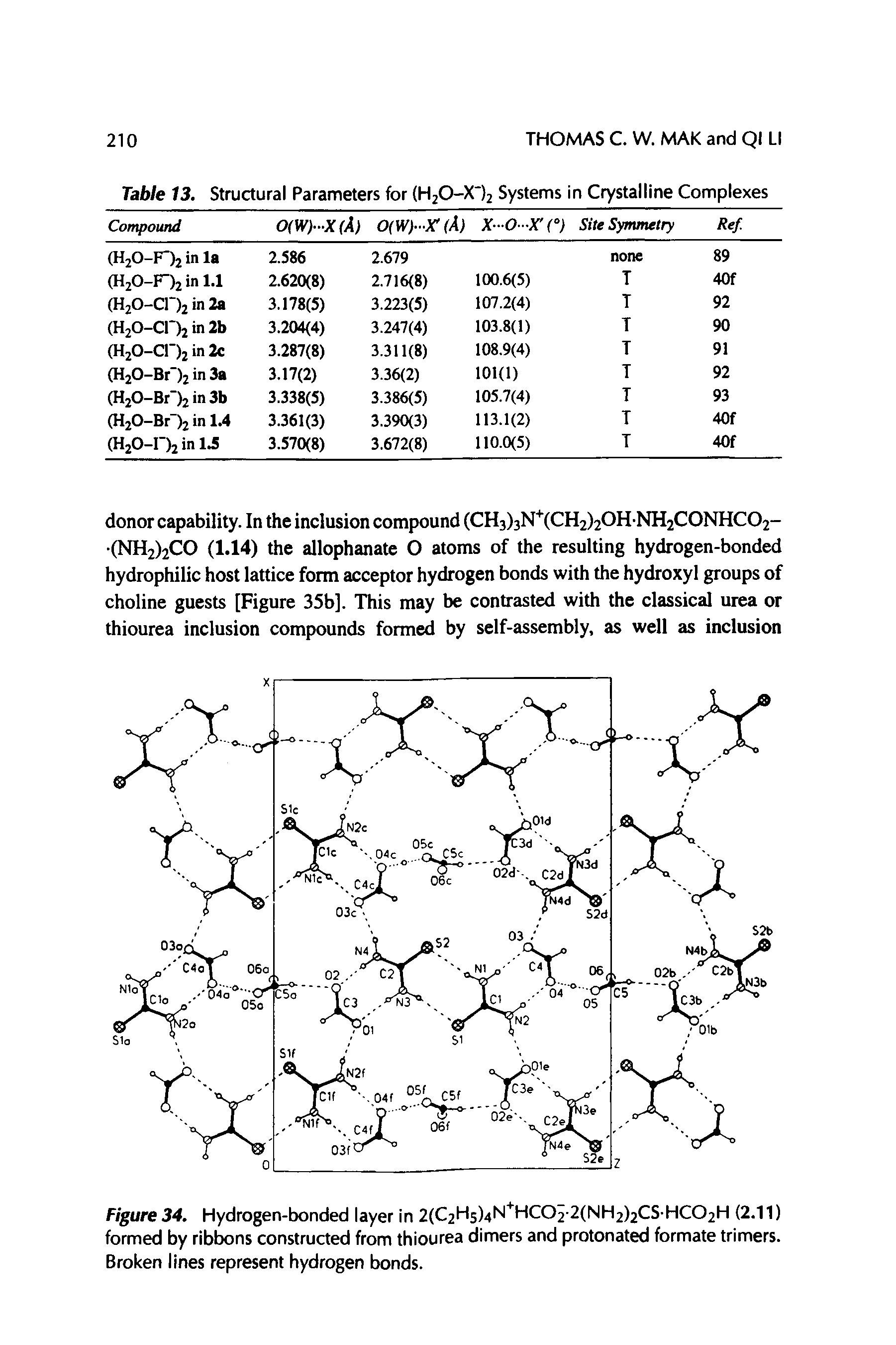 Figure 34. Hydrogen-bonded layer in 2(C2Hs)4N HC02-2(NH2)2CS HC02H (2.11) formed by ribbons constructed from thiourea dimers and protonated formate trimers. Broken lines represent hydrogen bonds.