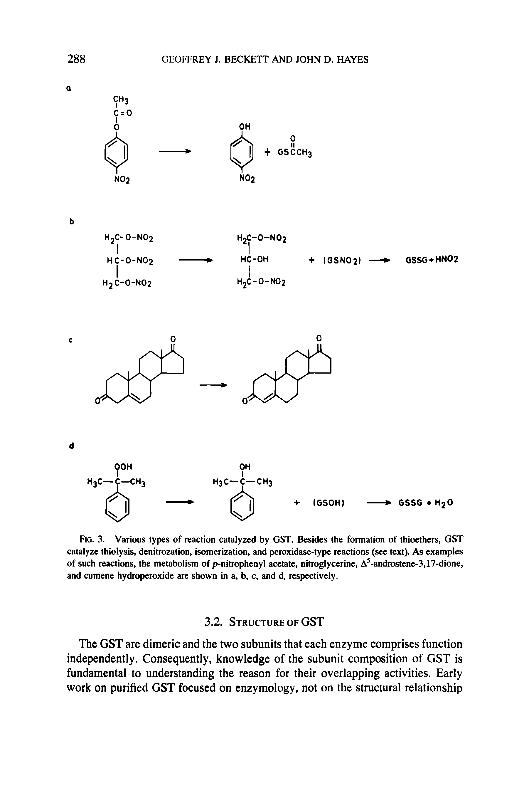 Fig. 3. Various types of reaction catalyzed by GST. Besides the formation of thioethers, GST catalyze thiolysis, denitrozation, isomerization, and peroxidase-type reactions (see text). As examples of such reactions, the metabolism of p-nitrophenyl acetate, nitroglycerine, A -androstene-3,17-dione, and cumene hydroperoxide are shown in a, b, c, and d, respectively.