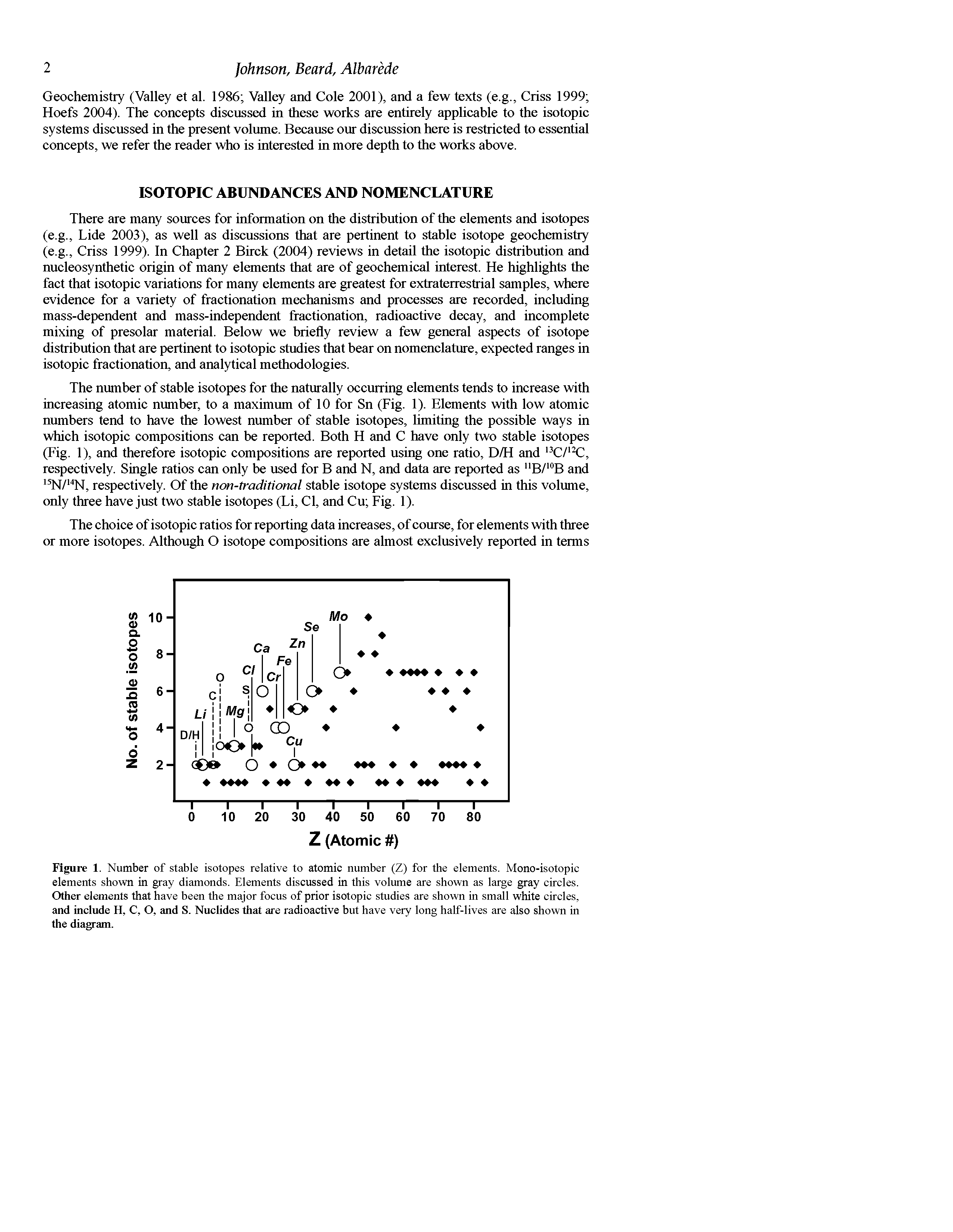 Figure 1. Number of stable isotopes relative to atomic number (Z) for the elements. Mono-isotopic elements shown in gray diamonds. Elements discussed in this volume are shown as large gray circles. Other elements that have been the major focus of prior isotopic studies are shown in small white circles, and include H, C, O, and S. Nuclides that are radioactive but have very long half-lives are also shown in the diagram.