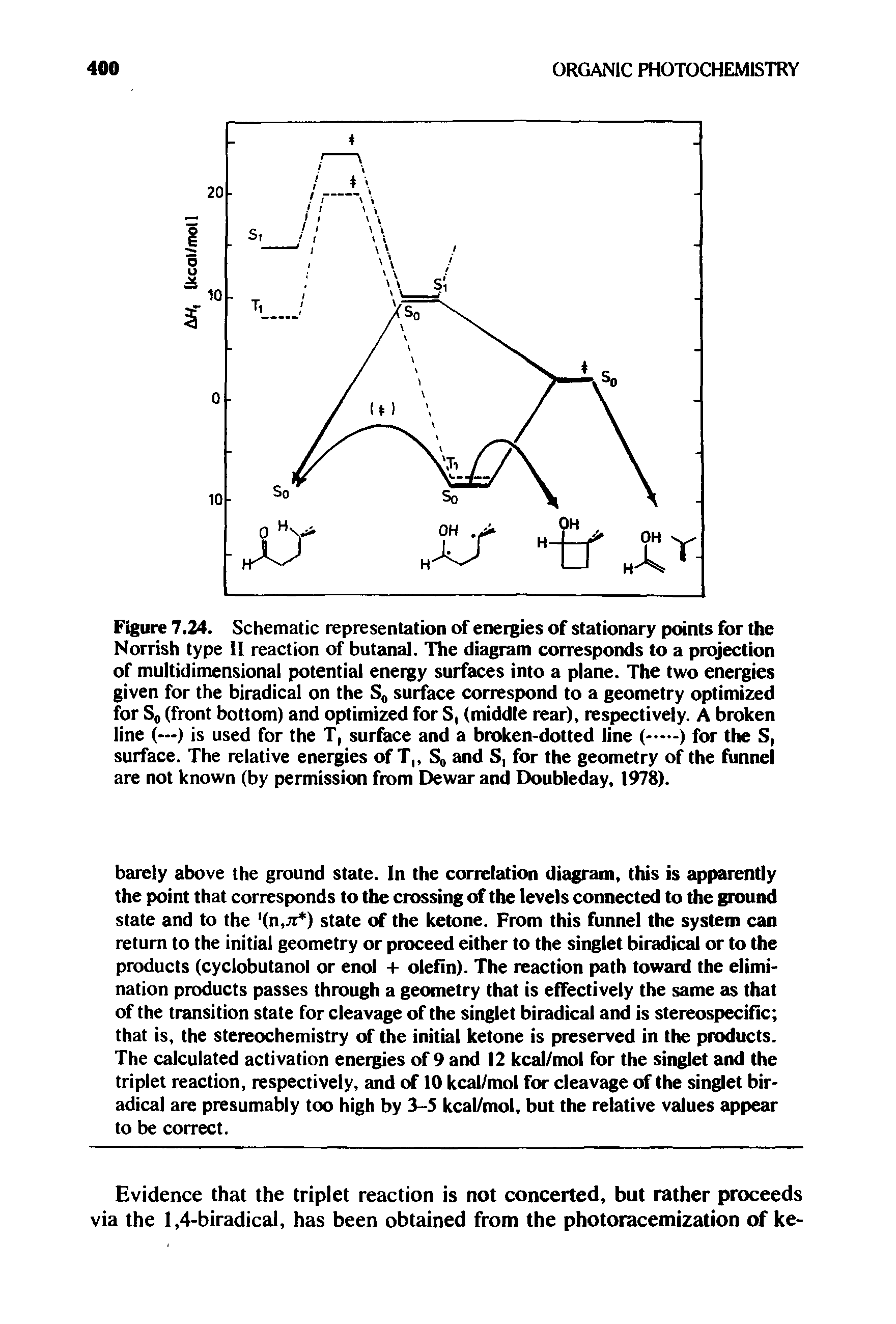 Figure 7.24. Schematic representation of energies of stationary points for the Norrish type 11 reaction of butanal. The diagram corresponds to a projection of multidimensional potential energy surfaces into a plane. The two energies given for the biradical on the S, suiface correspond to a geometry optimized for So (front bottom) and optimized for S, (middle rear), respectively. A broken...