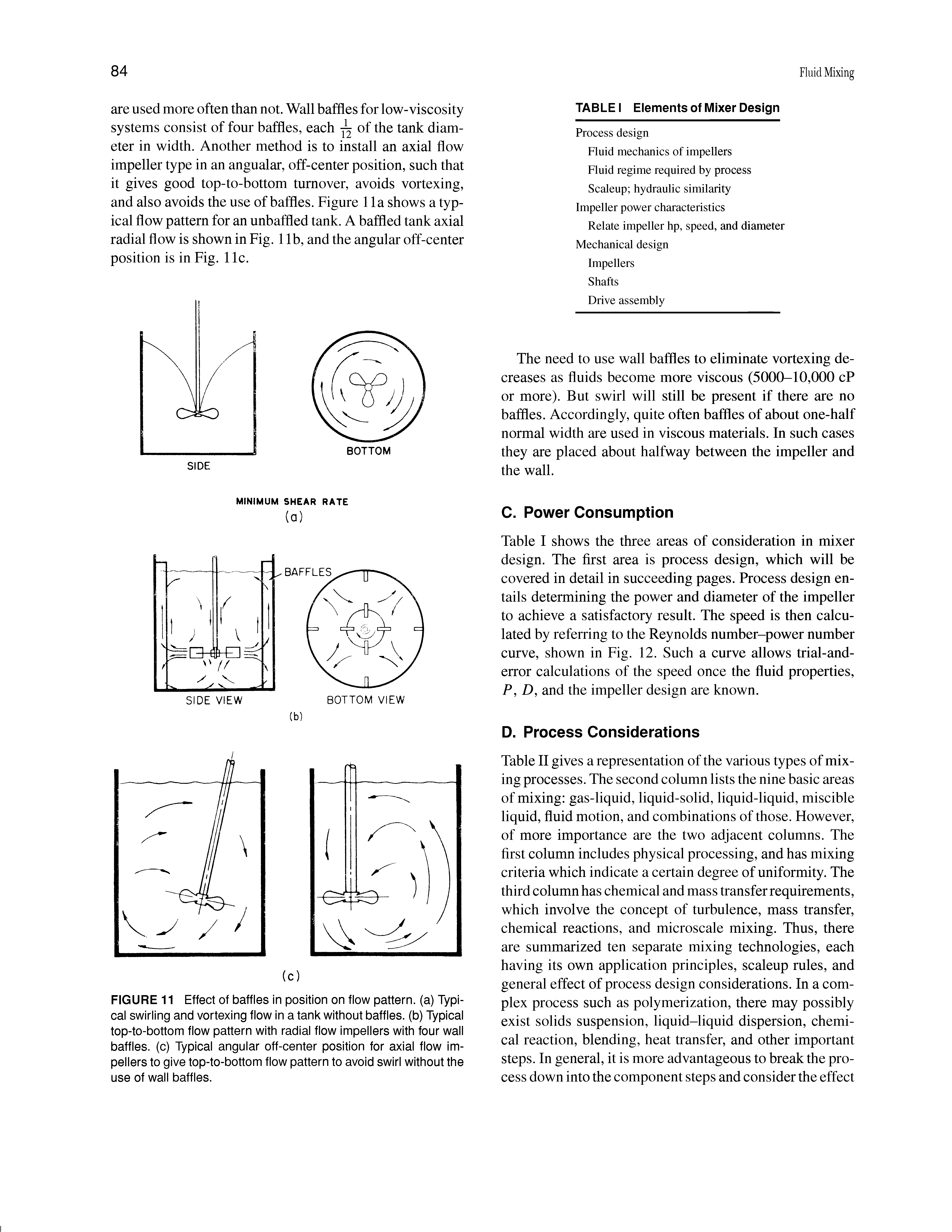 Table I shows the three areas of consideration in mixer design. The first area is process design, which will be covered in detail in succeeding pages. Process design entails determining the power and diameter of the impeller to achieve a satisfactory result. The speed is then calculated by referring to the Reynolds number-power number curve, shown in Fig. 12. Such a curve allows trial-and-error calculations of the speed once the fluid properties, P, D, and the impeller design are known.