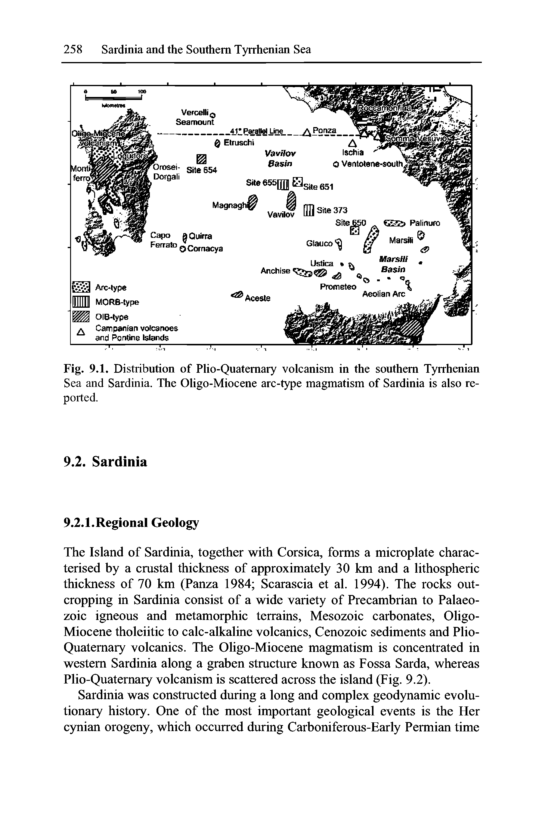Fig. 9.1. Distribution of Plio-Quatemary volcanism in the southern Tyrrhenian Sea and Sardinia. The Oligo-Miocene arc-type magmatism of Sardinia is also reported.