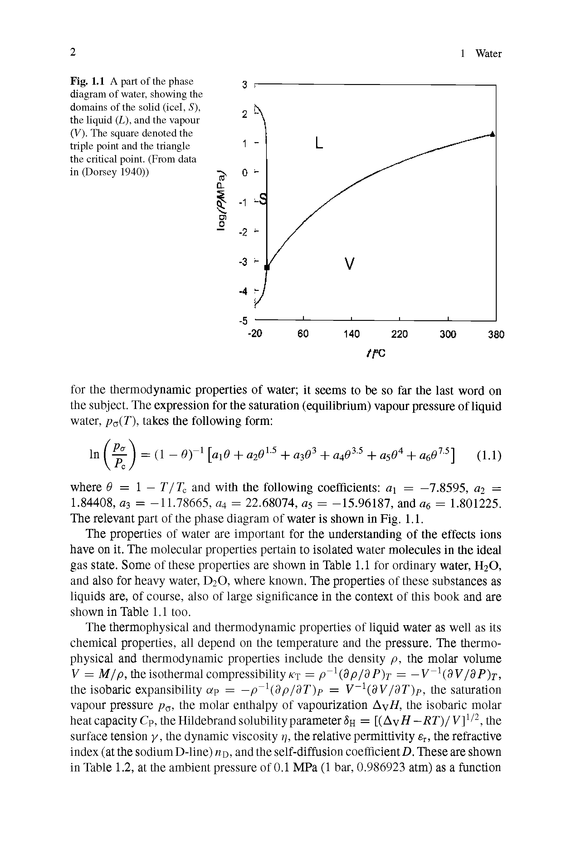 Fig. 1.1 A part of the phase diagram of water, showing the domains of the solid (icel, S), the liquid (L), and the vapour (V). The square denoted the triple point and the triangle the critical point. (From data in (Dorsey 1940))...