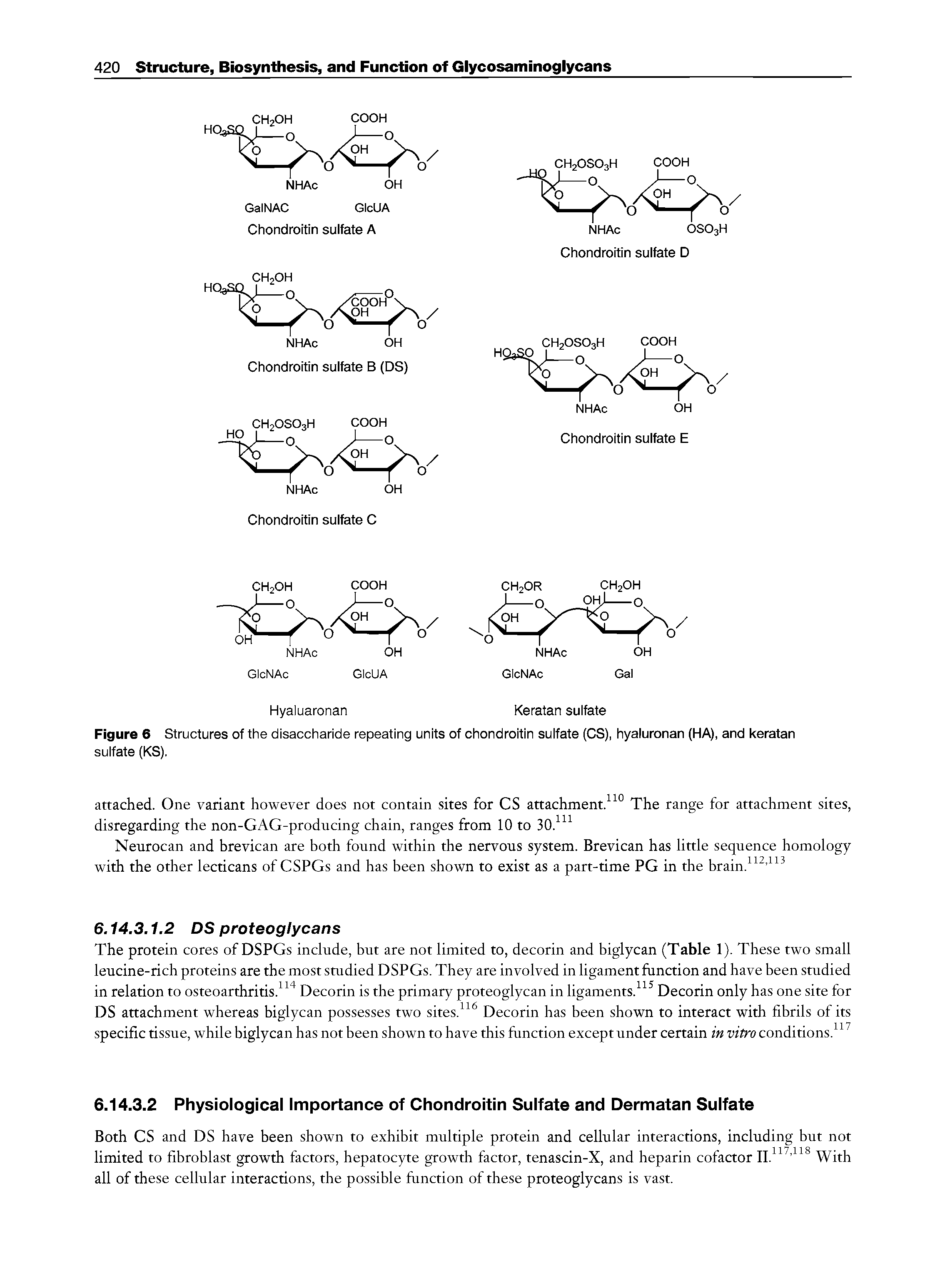 Figure 6 Structures of the disaccharide repeating units of chondroitin sulfate (CS), hyaluronan (HA), and keratan sulfate (KS).