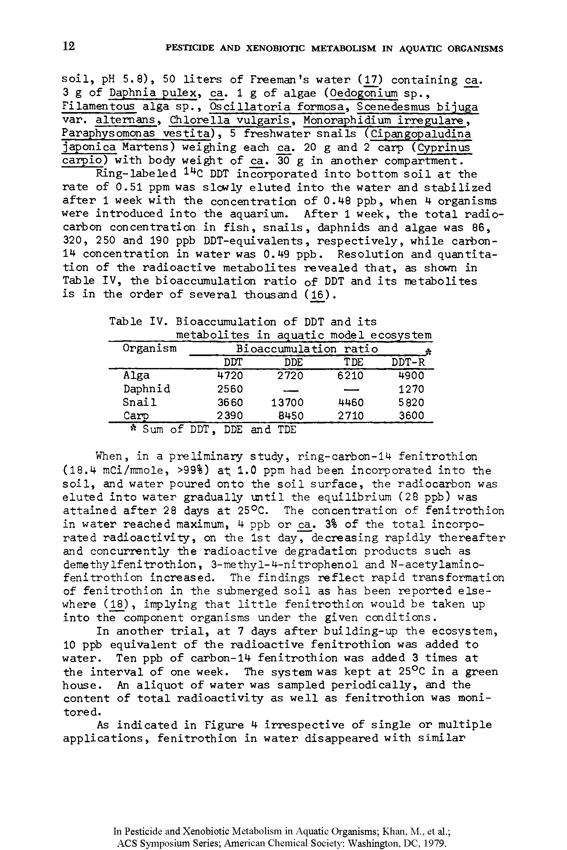 Table IV. Bioaccumulation of DDT and its metabolites in aquatic model ecosystem...