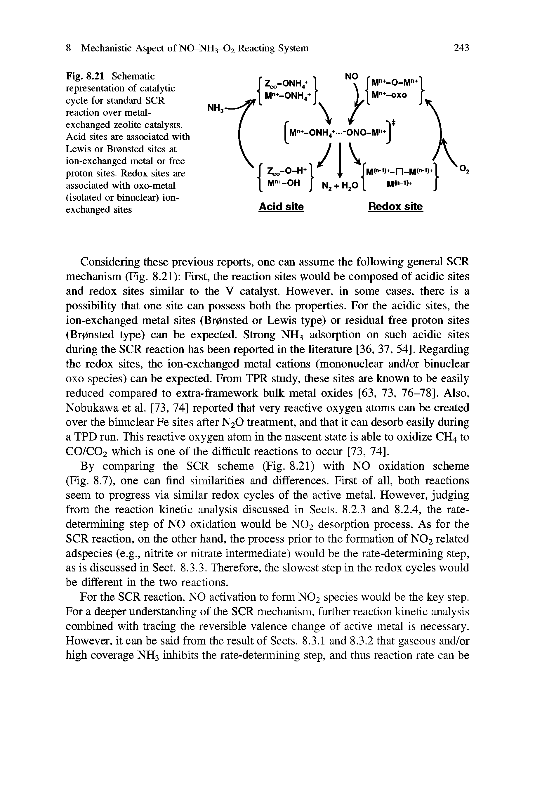 Fig. 8.21 Schematic representation of catalytic cycle for standard SCR reaction over metal-exchanged zeolite catalysts. Acid sites are associated with Lewis or Br0nsted sites at ion-exchanged metal ot flee proton sites. Redox sites are associated with oxo-metal (isolated or binuclear) ion-exchanged sites...