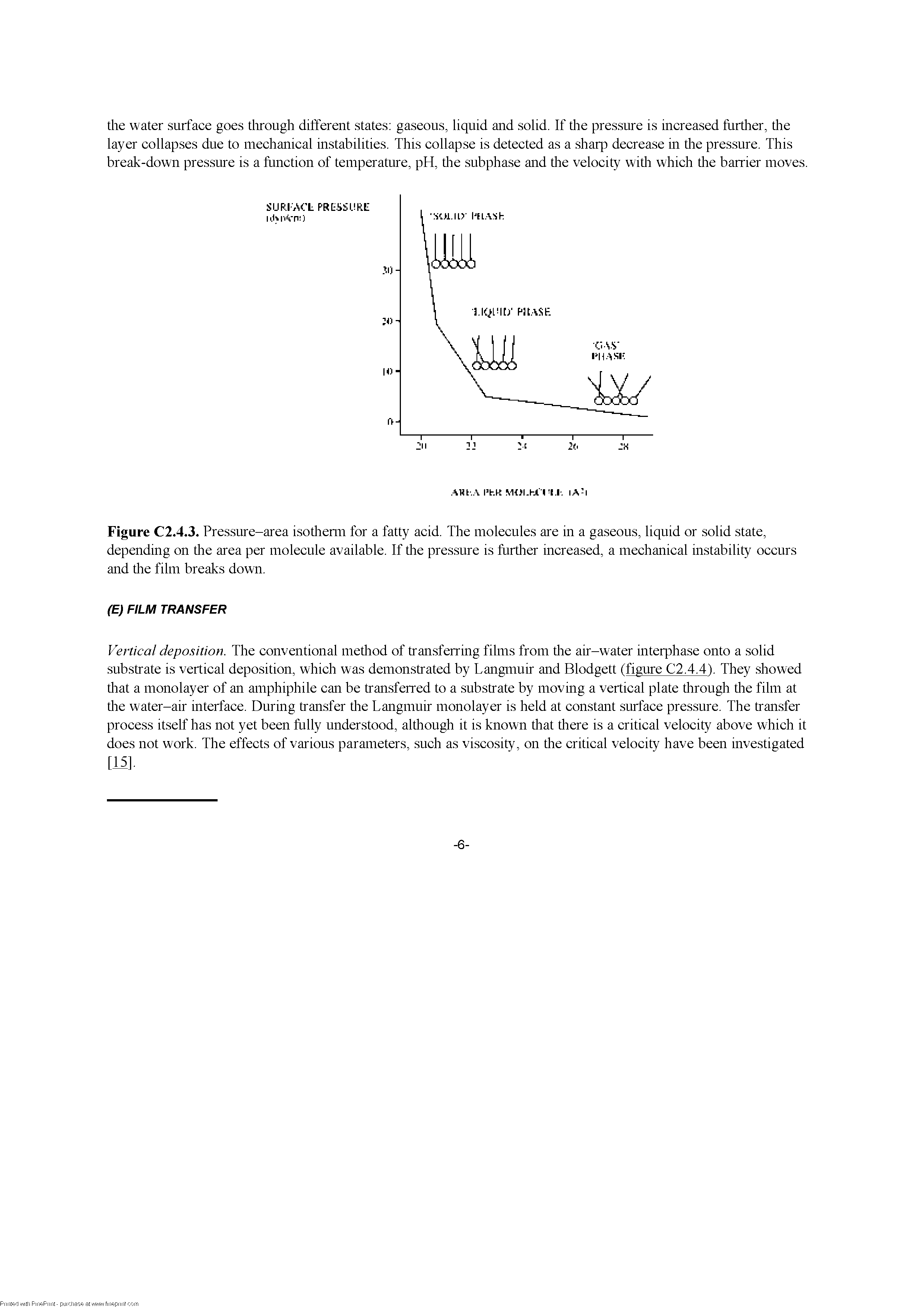 Figure C2.4.3. Pressure-area isotlienn for a fatty acid. The molecules are in a gaseous, liquid or solid state, depending on tire area per molecule available. If tire pressure is furtlier increased, a mechanical instability occurs and tire film breaks down.