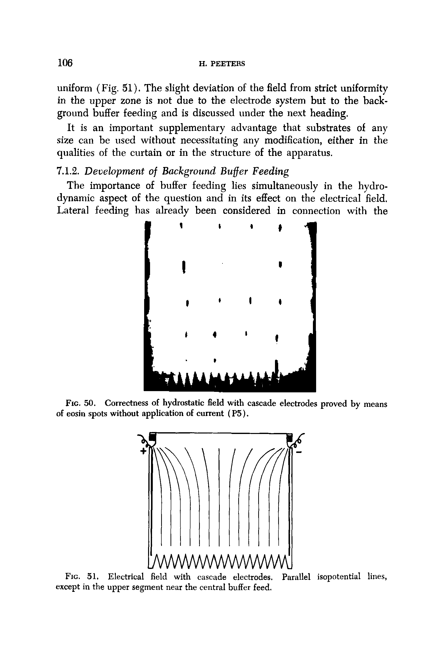 Fig. 51. Electrical field with cascade electrodes. Parallel isopotential lines, except in the upper segment near the central buffer feed.