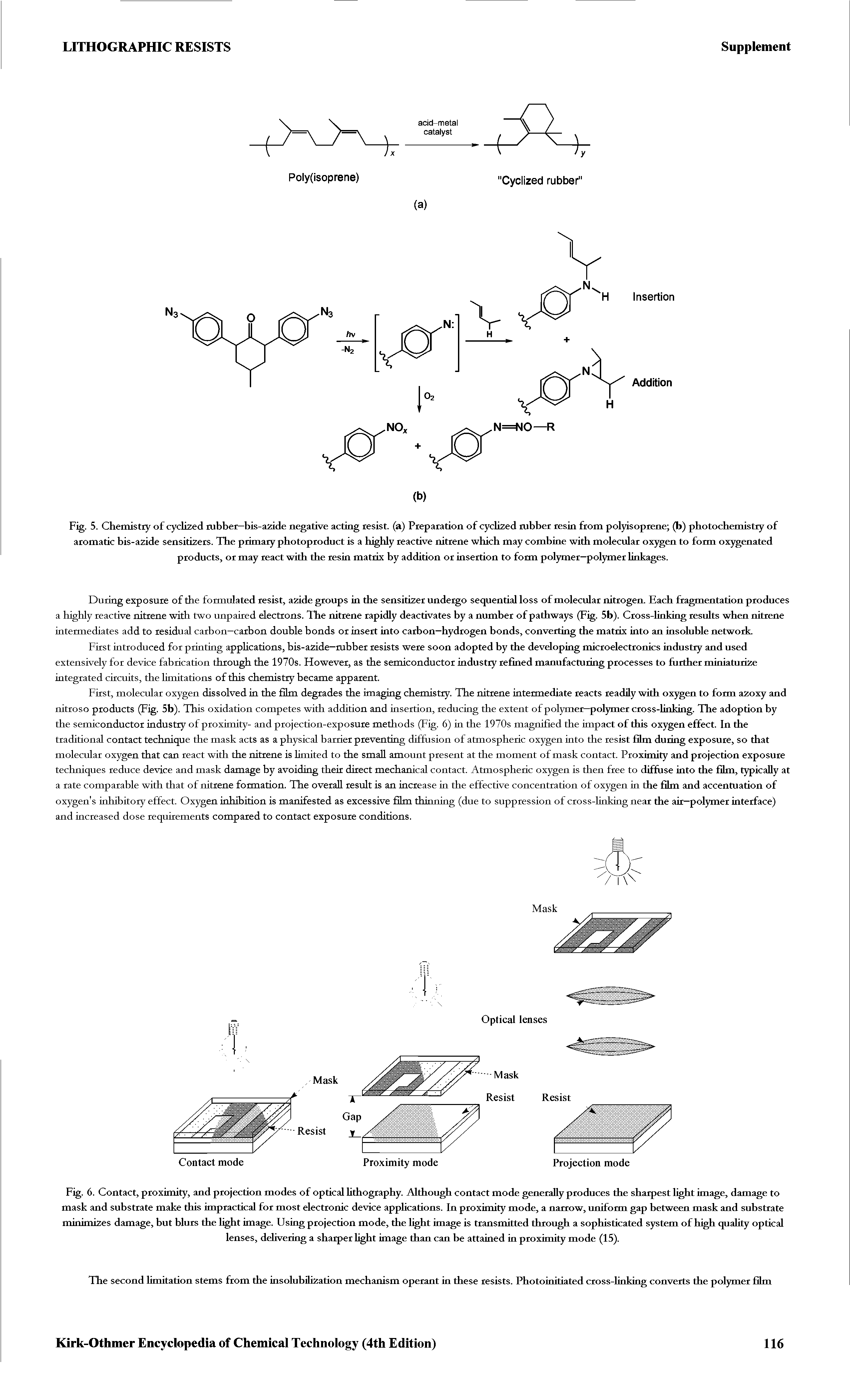 Fig. 5. Chemistry of cyclized rubber—bis-azide negative acting resist, (a) Preparation of cyclized rubber resin from polyisoprene (b) photochemistry of aromatic bis-azide sensitizers. The primary photoproduct is a highly reactive nitrene which may combine with molecular oxygen to form oxygenated products, or may react with the resin matrix by addition or insertion to form polymer—polymer linkages.