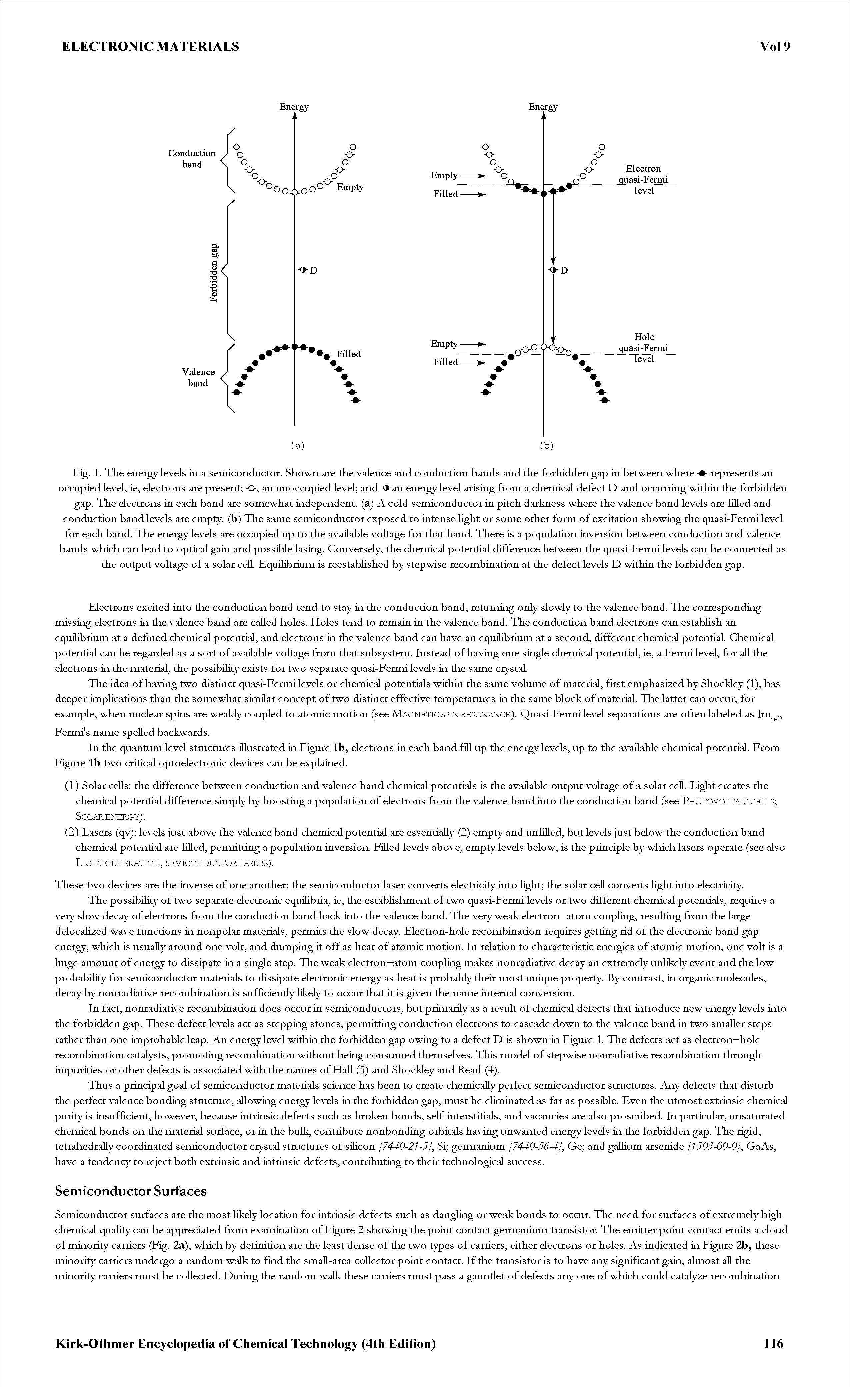 Fig. 1. The energy levels in a semiconductor. Shown are the valence and conduction bands and the forbidden gap in between where represents an occupied level, ie, electrons are present O, an unoccupied level and -3- an energy level arising from a chemical defect D and occurring within the forbidden gap. The electrons in each band are somewhat independent, (a) A cold semiconductor in pitch darkness where the valence band levels are filled and conduction band levels are empty, (b) The same semiconductor exposed to intense light or some other form of excitation showing the quasi-Fermi level for each band. The energy levels are occupied up to the available voltage for that band. There is a population inversion between conduction and valence bands which can lead to optical gain and possible lasing. Conversely, the chemical potential difference between the quasi-Fermi levels can be connected as the output voltage of a solar cell. Fquilihrium is reestabUshed by stepwise recombination at the defect levels D within the forbidden gap.