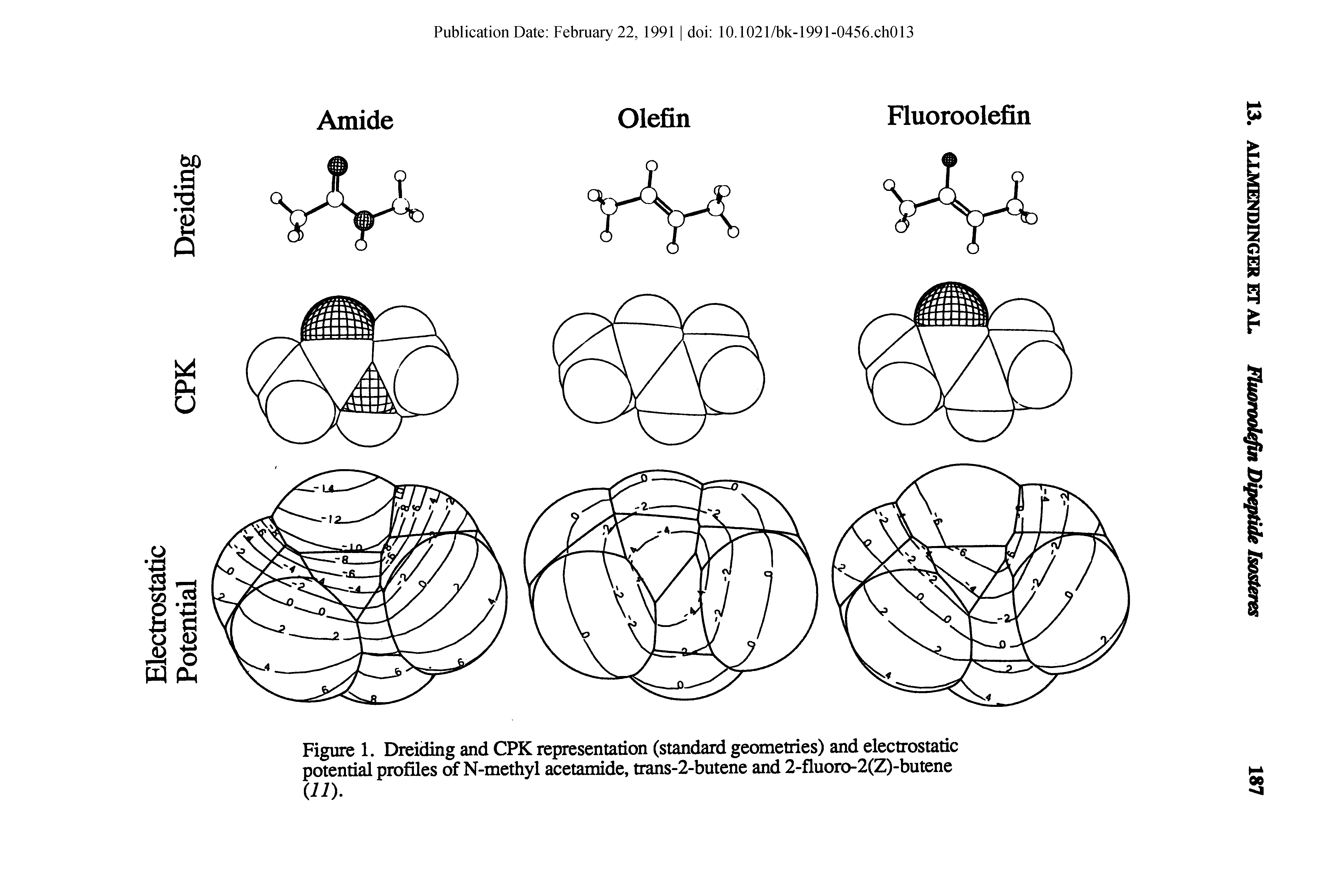Figure 1. Dreiding and CPK representation (standard geometries) and electrostatic potential profiles of N-methyl acetamide, trans-2-butene and 2-fluoro-2(Z)-butene...