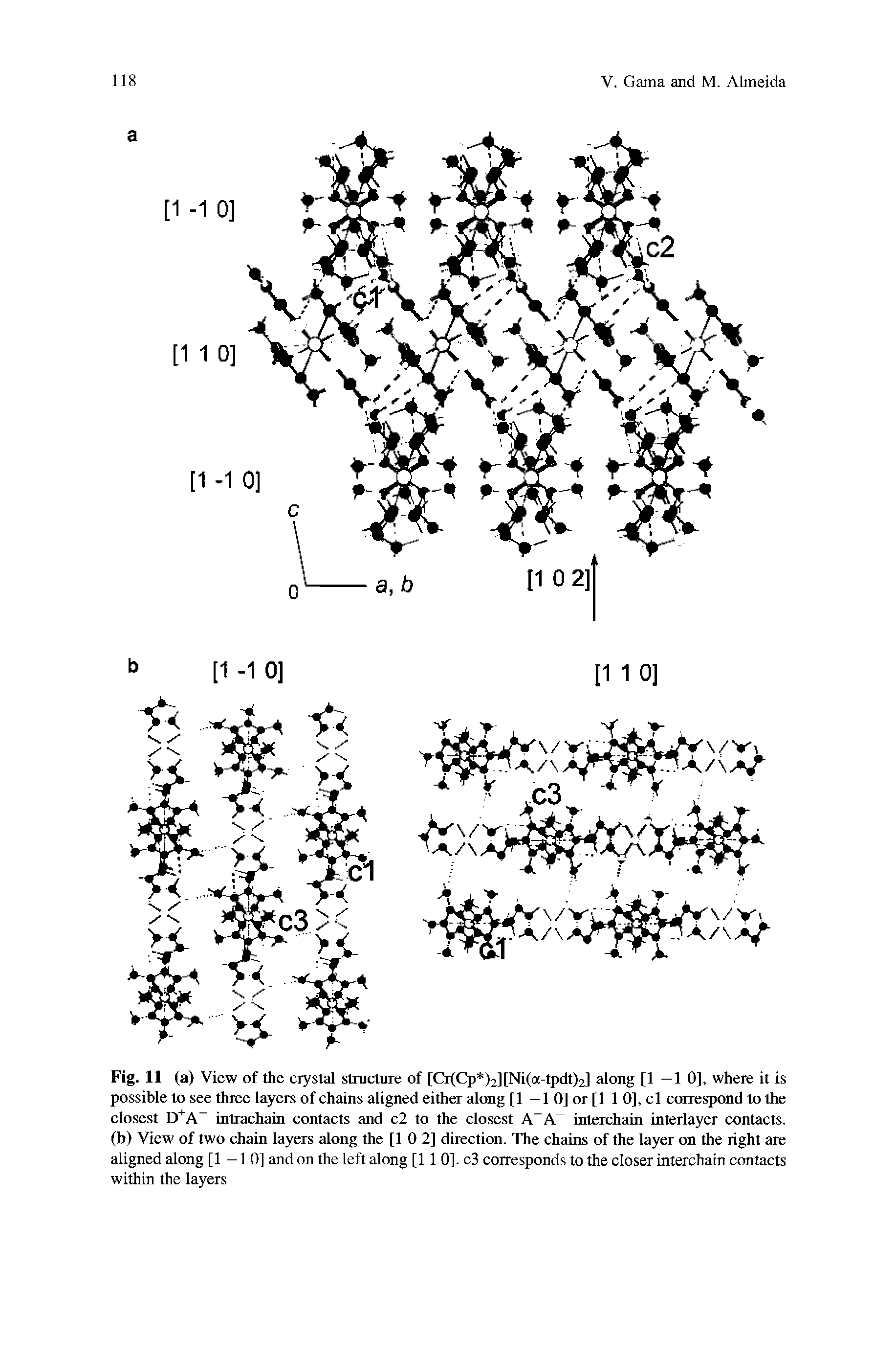 Fig. II (a) View of the crystal structure of [Cr(Cp )2][Ni(a-tpdt)2] along [1 —1 0], where it is possible to see three layers of chains aligned either along [1 —1 0] or [1 1 0], cl correspond to the closest D+A intrachain contacts and c2 to the closest A A interchain interlayer contacts, (b) View of two chain layers along the [1 0 2] direction. The chains of the layer on the right are aligned along [1 — 1 0] and on the left along [1 1 0]. c3 corresponds to the closer interchain contacts within the layers...