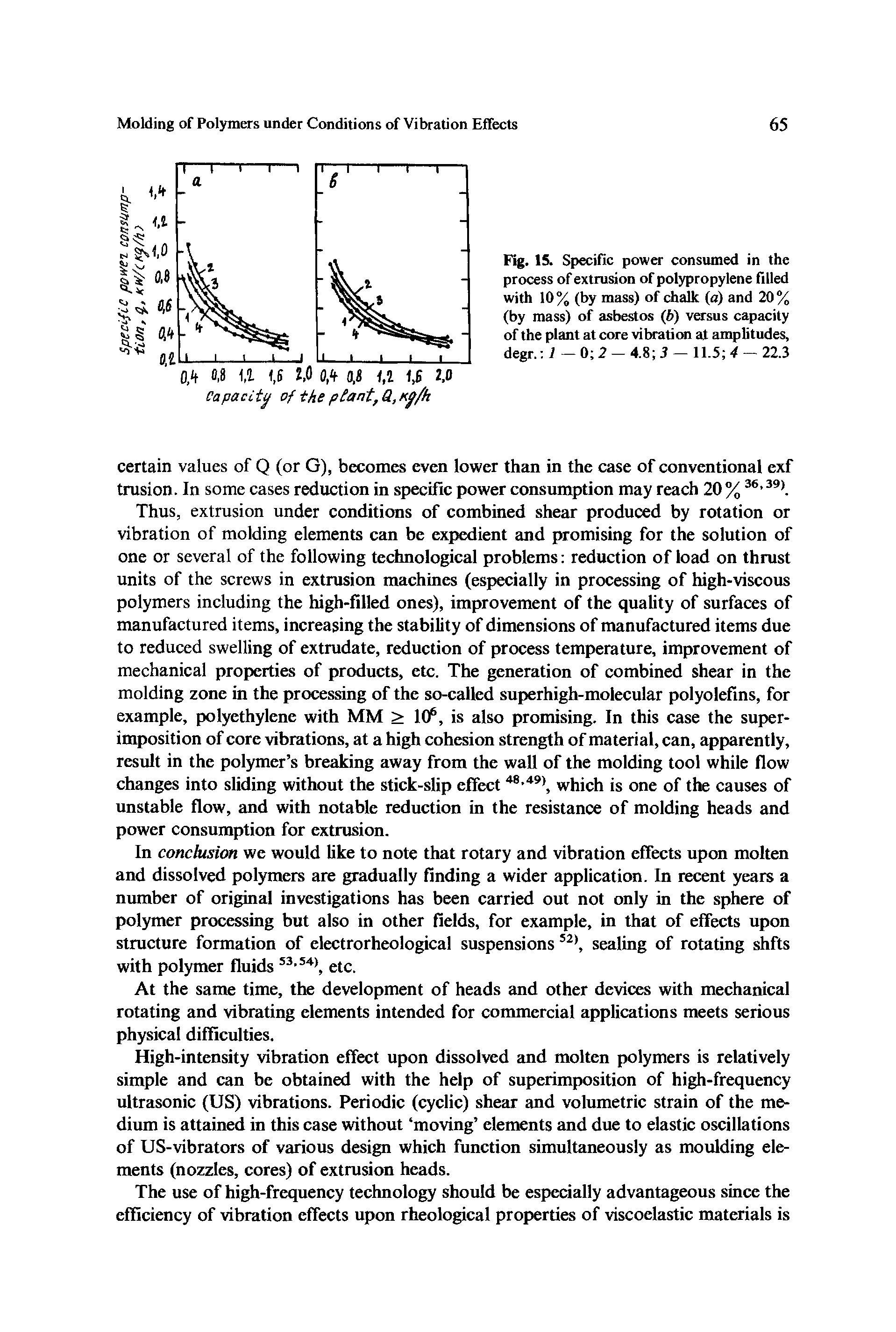 Fig. 15. Specific power consumed in the process of extrusion of polypropylene filled with 10% (by mass) of chalk (a) and 20% (by mass) of asbestos (b) versus capacity of the plant at core vibration at amplitudes, degr. 1 — 0 2 — 4.8 3 — 11.5 4 — 22.3...