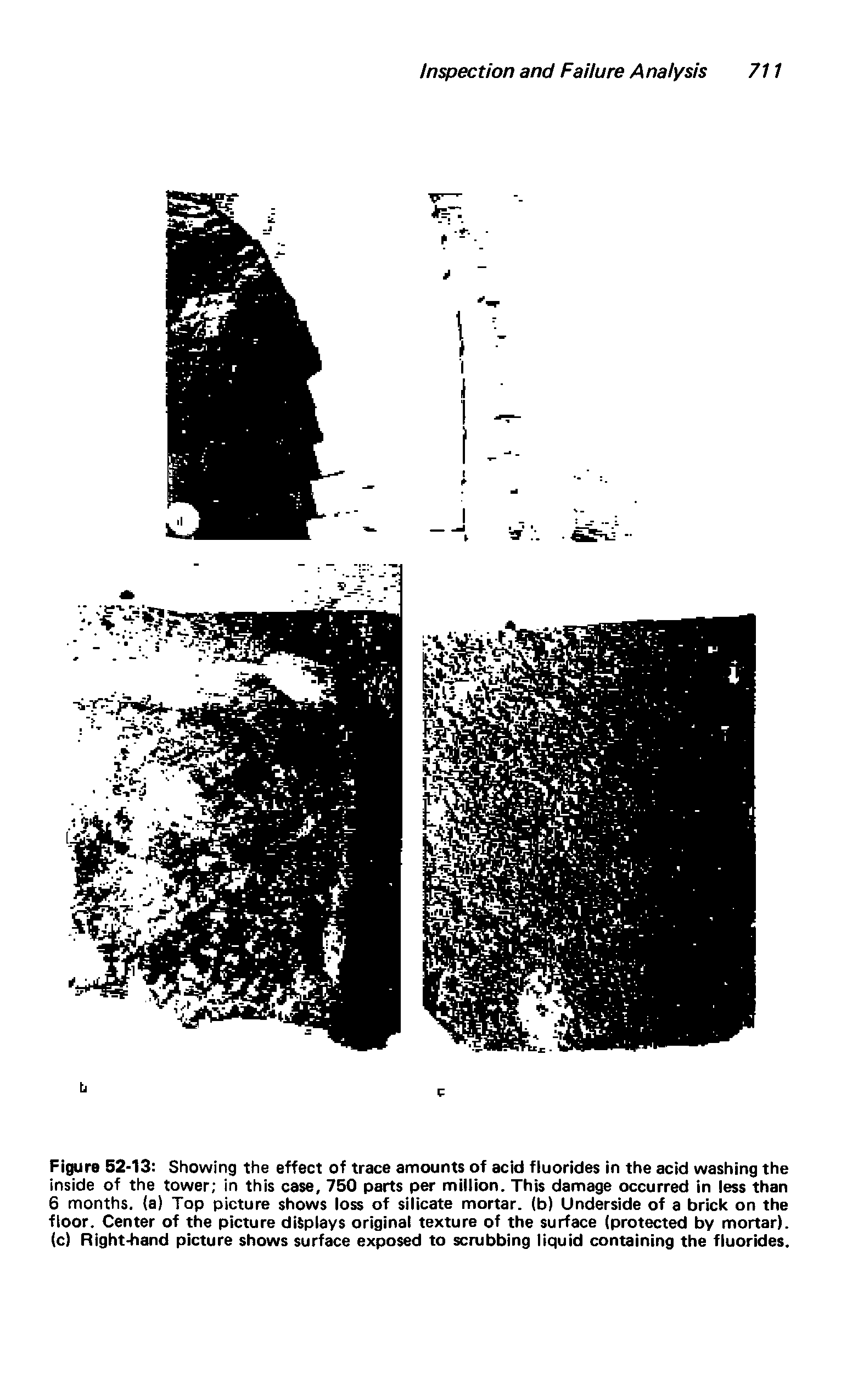 Figure 52-13 Showing the effect of trace amounts of acid fiuorides in the acid washing the inside of the tower in this case, 750 parts per million. This damage occurred in less than 6 months, (a) Top picture shows loss of silicate mortar, (b) Underside of a brick on the floor. Center of the picture displays original texture of the surface (protected by mortar), (c) Right-hand picture shows surface exposed to scrubbing liquid containing the fluorides.