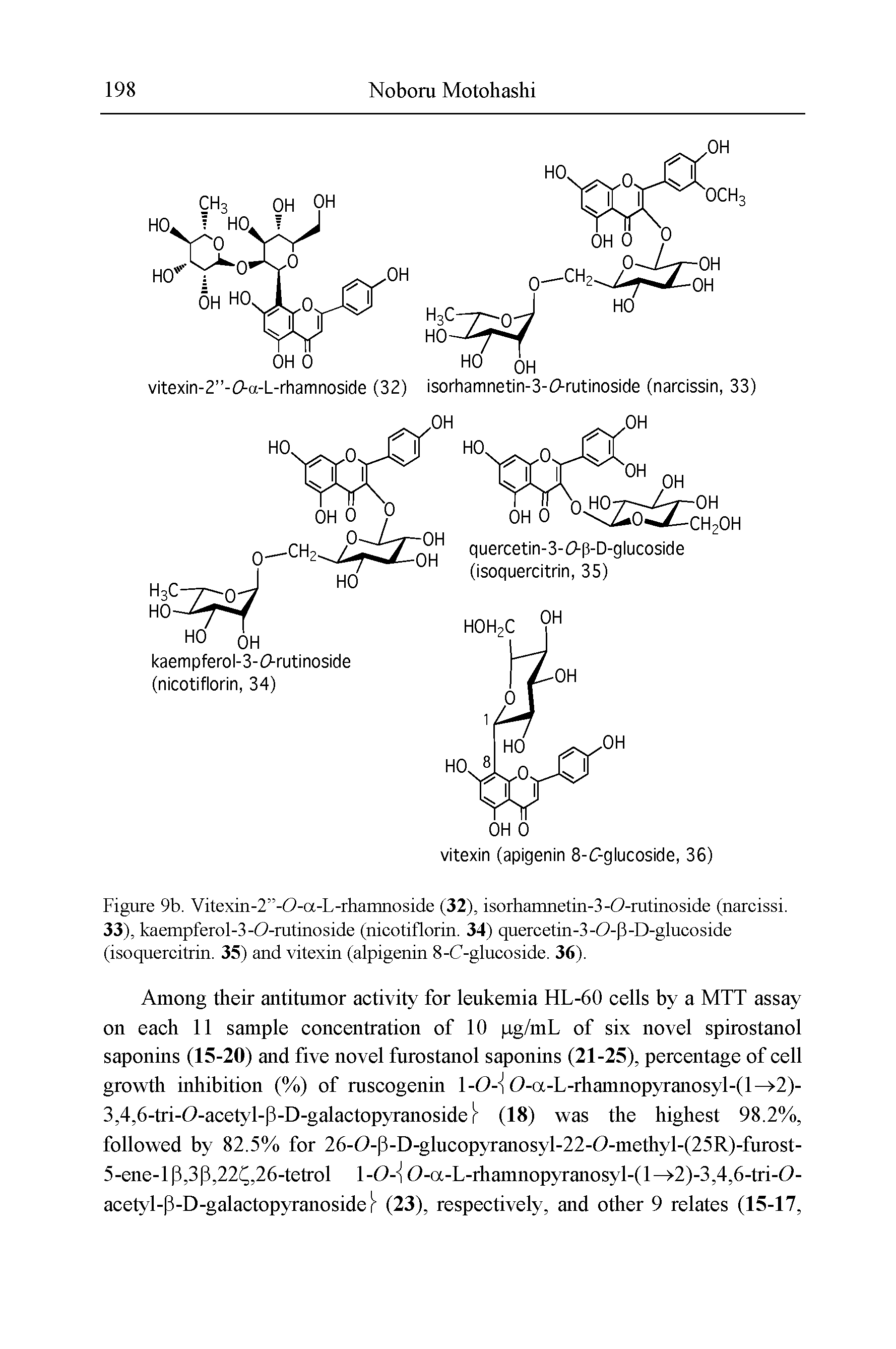 Figure 9b. Vitexin-2 -0-a-L-rhamnoside (32), isorhamnetin-3-O-rutinoside (narcissi. 33), kaempferol-3-O-mtinoside (nicotiflorin. 34) quercetin-3-O-P-D-glucoside (isoquercitrin. 35) and vitexin (alpigenin 8-C-glucoside. 36).