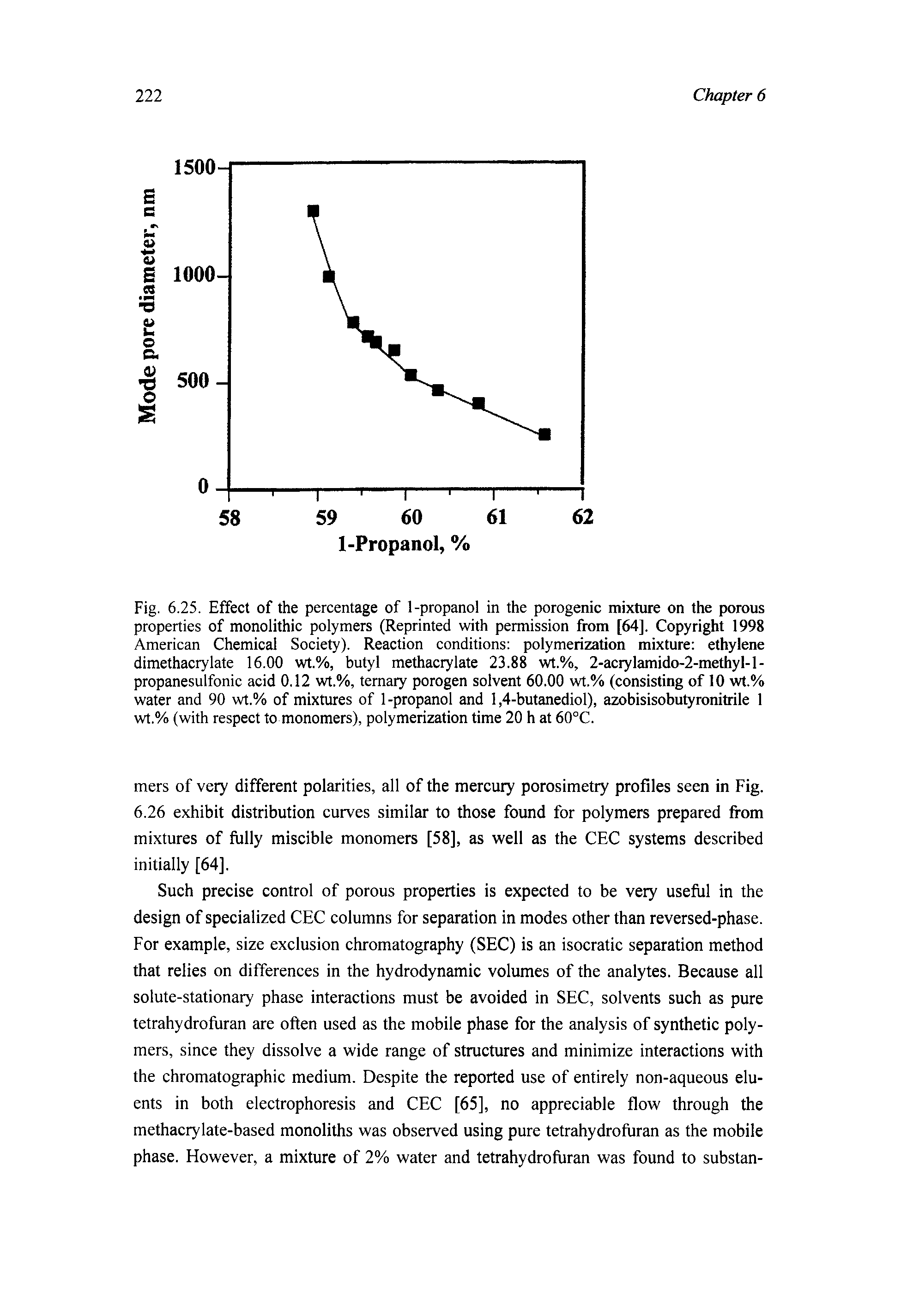 Fig. 6.25. Effect of the percentage of 1-propanol in the porogenic mixture on the porous properties of monolithic polymers (Reprinted with permission from [64], Copyright 1998 American Chemical Society). Reaction conditions polymerization mixture ethylene dimethacrylate 16.00 wt.%, butyl methacrylate 23.88 wt.%, 2-acrylamido-2-methyl-l-propanesulfonic acid 0.12 wt.%, ternary porogen solvent 60.00 wt.% (consisting of 10 wt.% water and 90 wt.% of mixtures of 1-propanol and 1,4-butanediol), azobisisobutyronitrile 1 wt.% (with respect to monomers), polymerization time 20 h at 60°C.