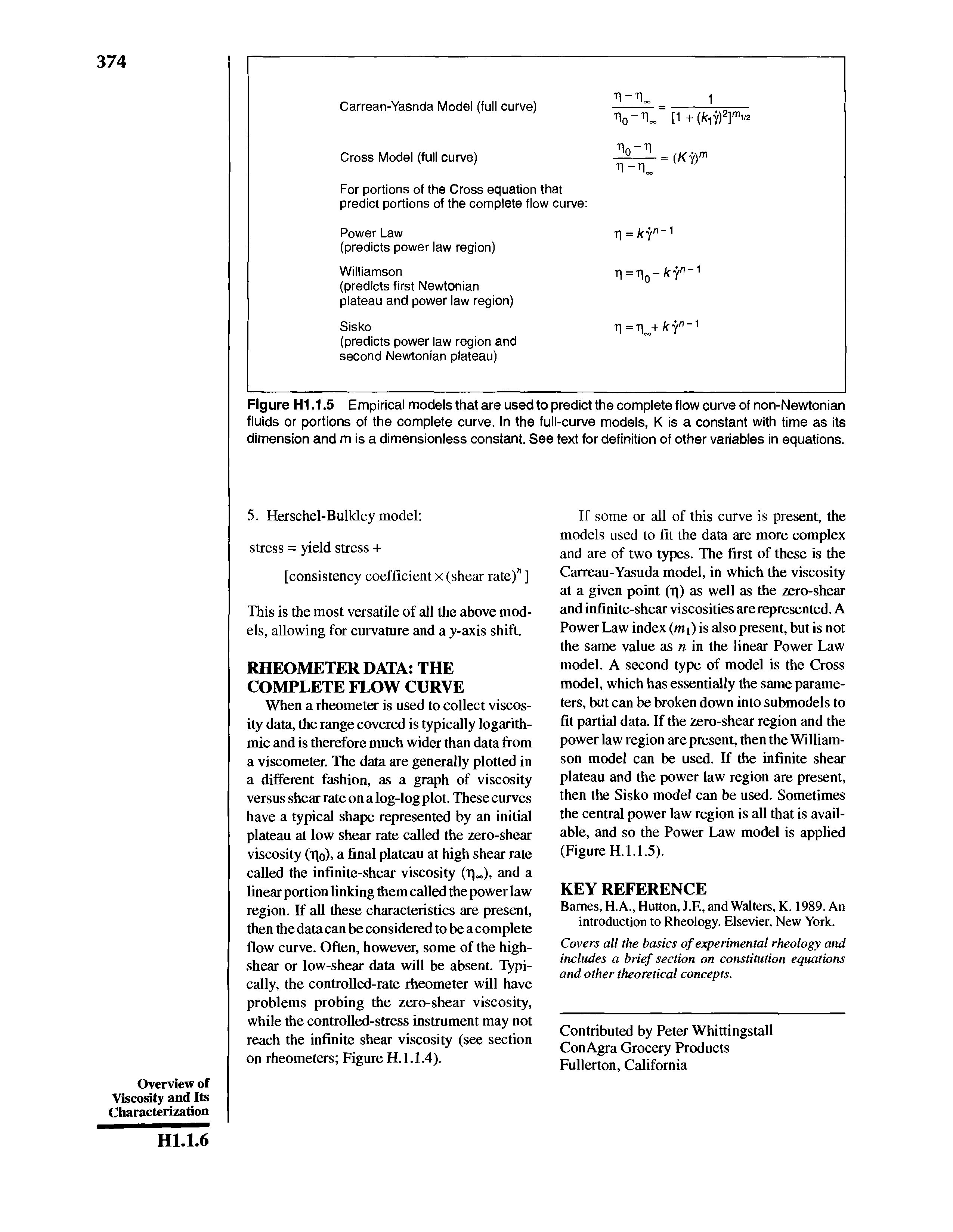 Figure H1.1.5 Empirical models that are used to predict the complete flow curve of non-Newtonian fluids or portions of the complete curve. In the full-curve models, K is a constant with time as its dimension and m is a dimensionless constant. See text for definition of other variables in equations.