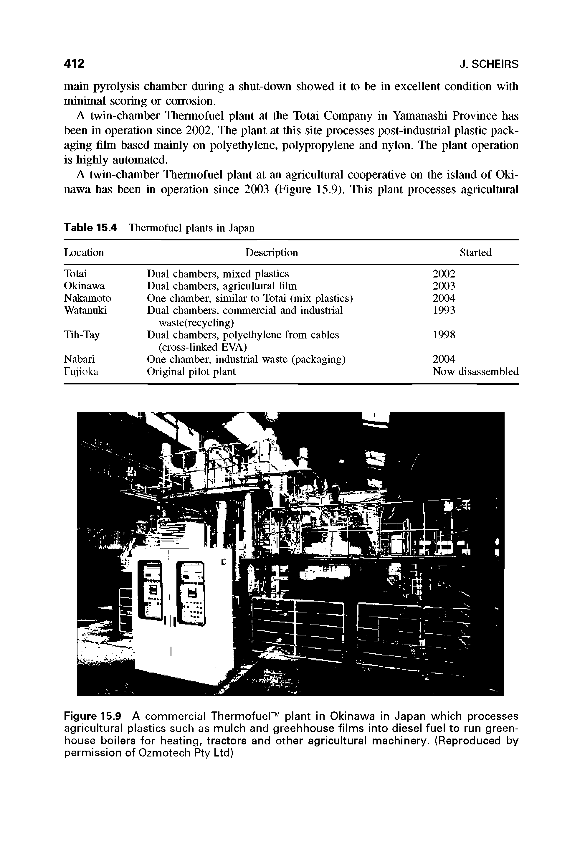 Figure 15.9 A commercial Thermofuel plant in Okinawa in Japan which processes agricultural plastics such as mulch and greehhouse films into diesel fuel to run greenhouse boilers for heating, tractors and other agricultural machinery. (Reproduced by permission of Ozmotech Pty Ltd)...