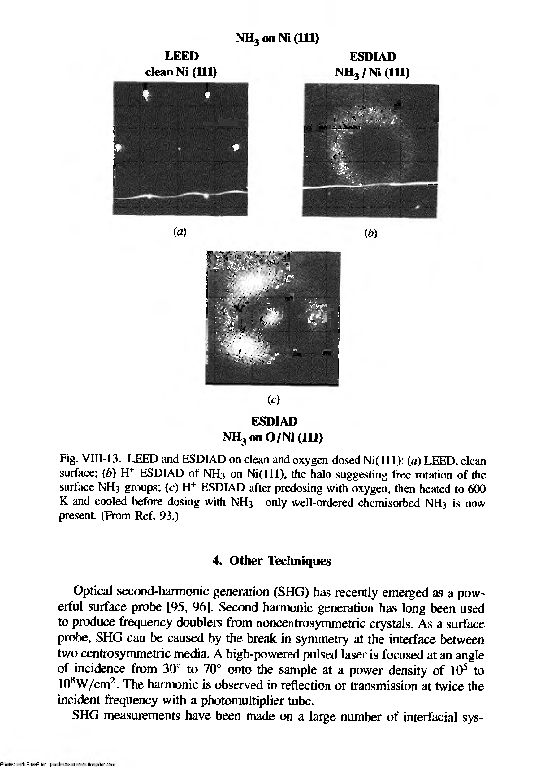 Fig. VIII-13. LEED and ESDIAD on clean and oxygen-dosed Ni(lll) (a) LEED, elean surface (b) H ESDIAD of NH3 on Ni(Ill), the halo suggesting free rotation of the surface NH3 groups (c) ESDIAD after predosing with oxygen, then heated to 600 K and cooled before dosing with NH3—only well-ordered chemisorbed NH3 is now present. (From Ref. 93.)...