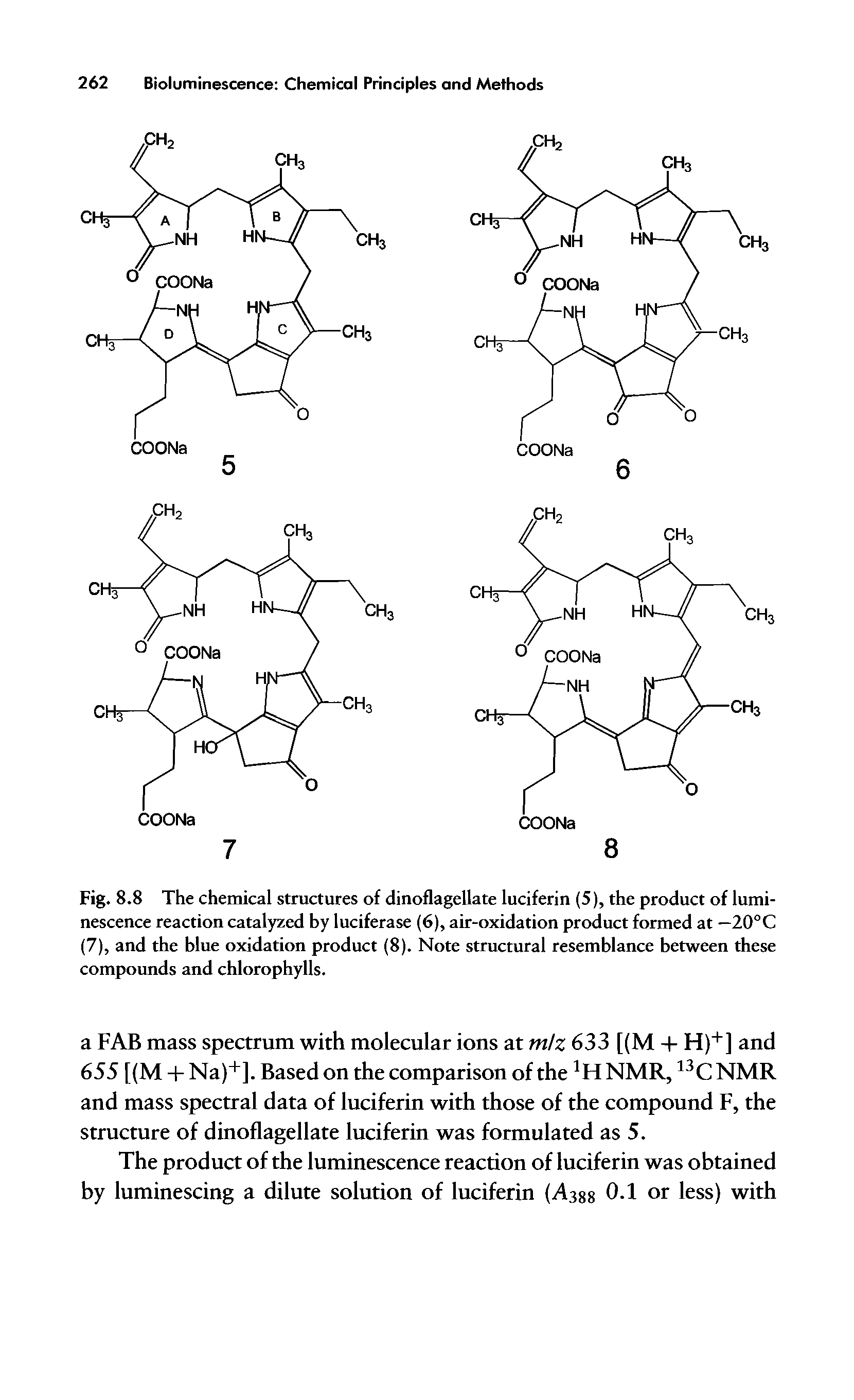 Fig. 8.8 The chemical structures of dinoflagellate luciferin (5), the product of luminescence reaction catalyzed by luciferase (6), air-oxidation product formed at — 20°C (7), and the blue oxidation product (8). Note structural resemblance between these compounds and chlorophylls.
