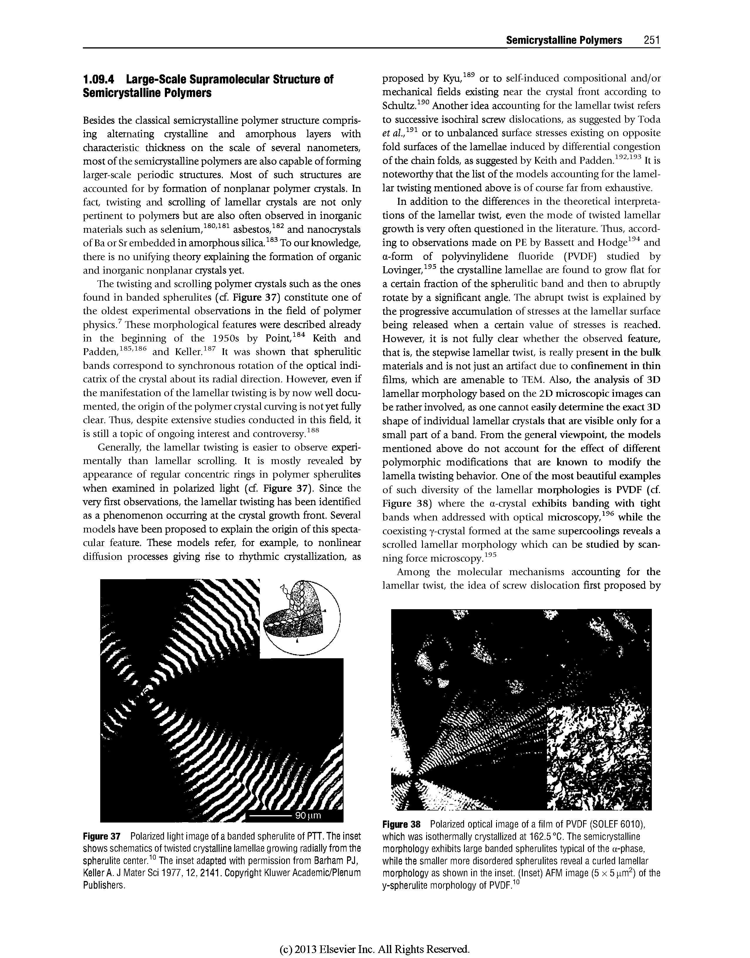 Figure 38 Polarized optical image of a film of PVDF (SOLEF 6010), which was isothermally crystallized at 162.5 °C. The semicrystalline morphology exhibits large banded sphemlites typical of the a-phase, while the smaller more disordered sphemlites reveal a curled lamellar morphology as shown in the inset. (Inset) AFM image (5x5 im ) of the y-spherulite morphology of PVDF. "...