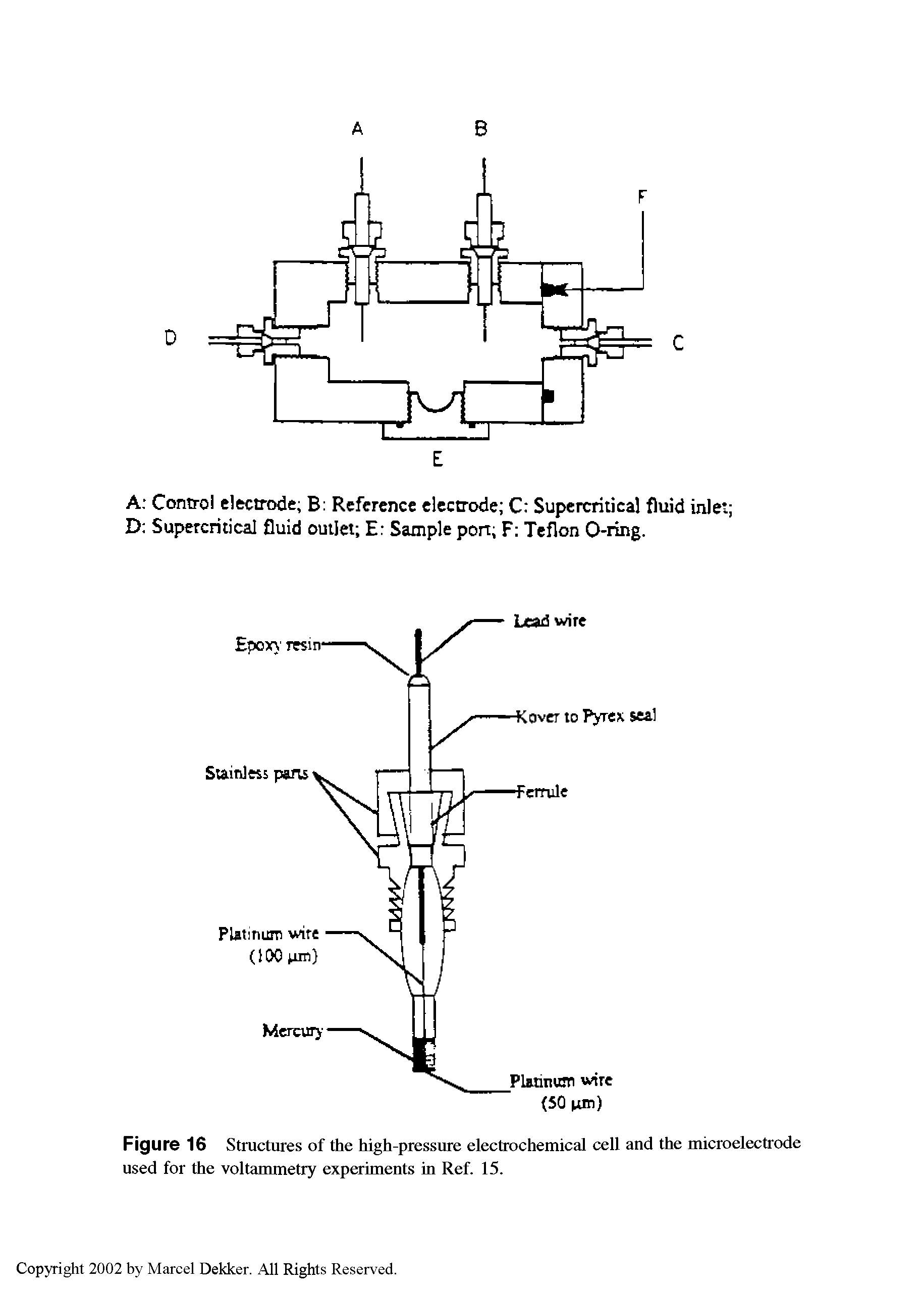 Figure 16 Structures of the high-pressure electrochemical cell and the microelectrode used for the voltammetry experiments in Ref. 15.