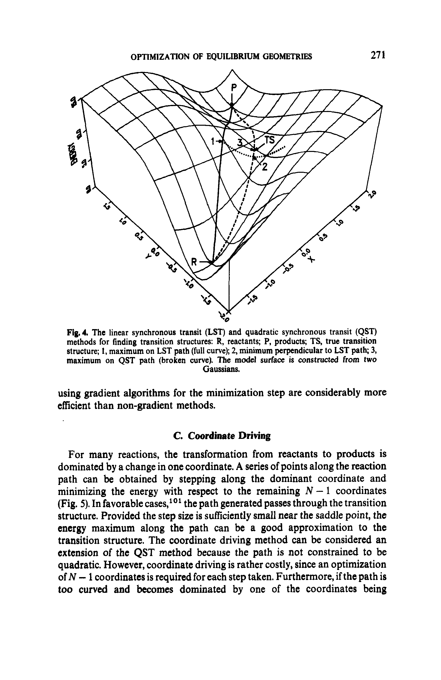 Fig. 4. The linear synchronous transit (LST) and quadratic synchronous transit (QST) methods for finding transition structures R, reactants P, prc ucts TS, true transition structure 1, maximum on LST path (full curveV, 2, minimum perpendicular to LST path 3, maximum on QST path (broken curve). The model surface is constructed from two...