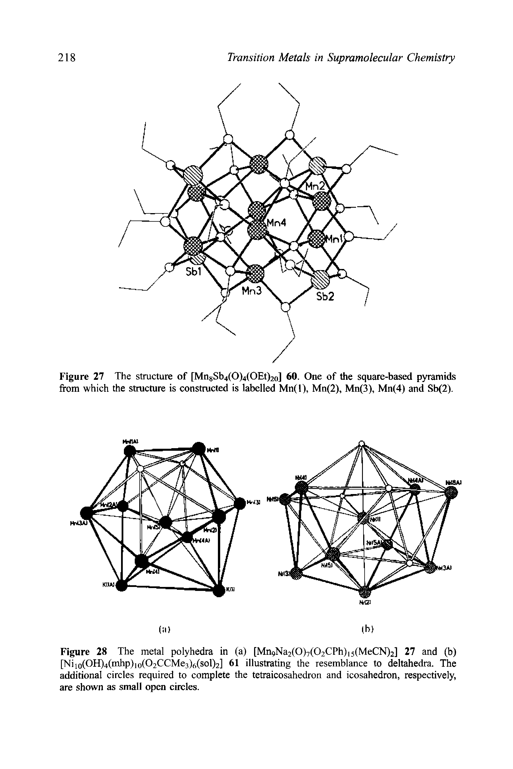 Figure 28 The metal polyhedra in (a) [Mri9Na2(0)7(02CPh)i5(MeCN)2] 27 and (b) [Niio(OH)4(mhp)io(02CCMe3)6(sol)2] 61 illustrating the resemblance to deltahedra. The additional circles required to complete the tetraicosahedron and icosahedron, respectively, are shown as small open circles.