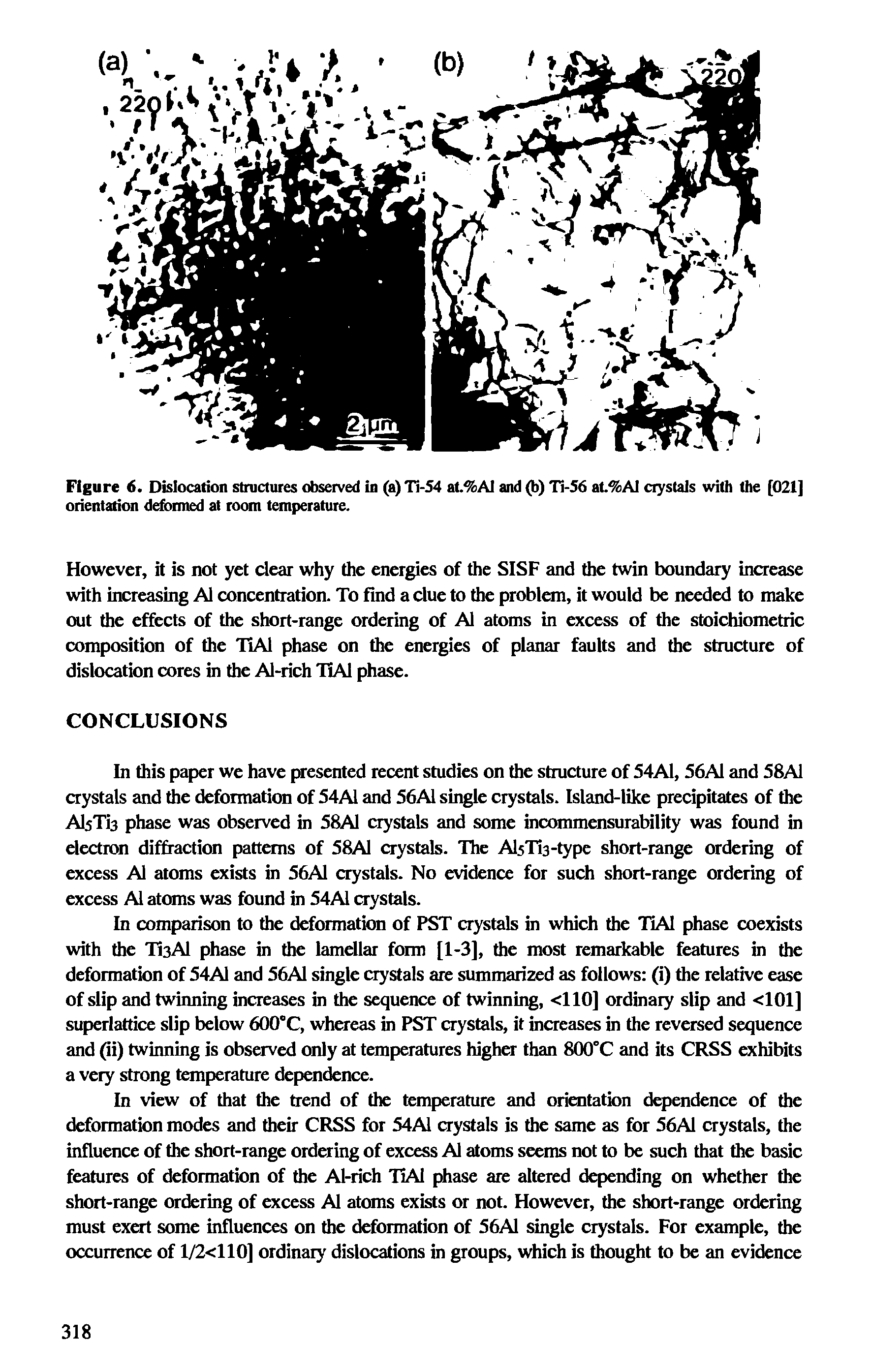 Figure 6. Dislocation structures observed in (a) T1-S4 at.%Al and (b) T1-S6 at.%Al crystals with the [021] orientation deformed at room temperature.