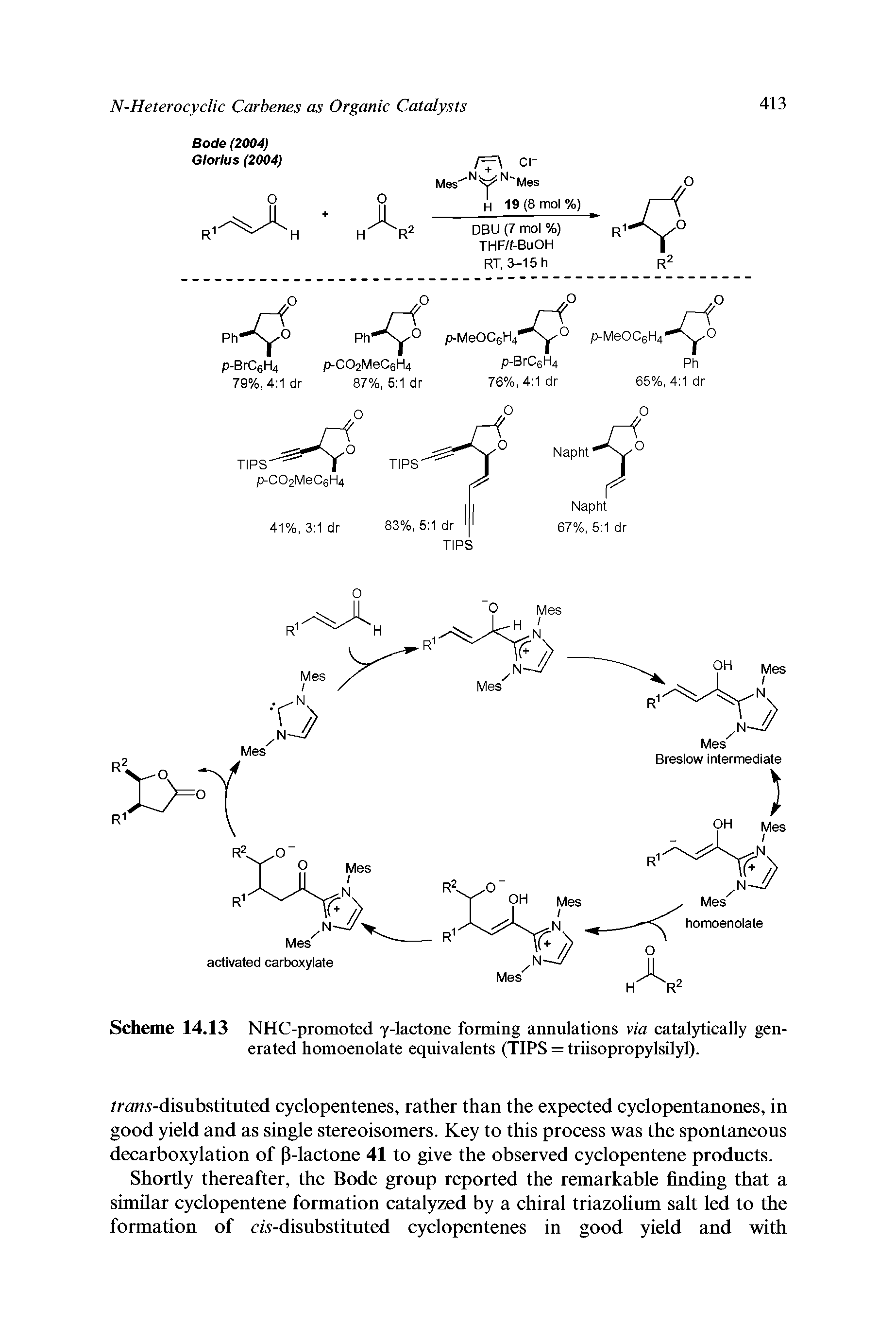 Scheme 14.13 NHC-promoted y-lactone forming annulations via catalytically generated homoenolate equivalents (TIPS = triisopropylsUyl).