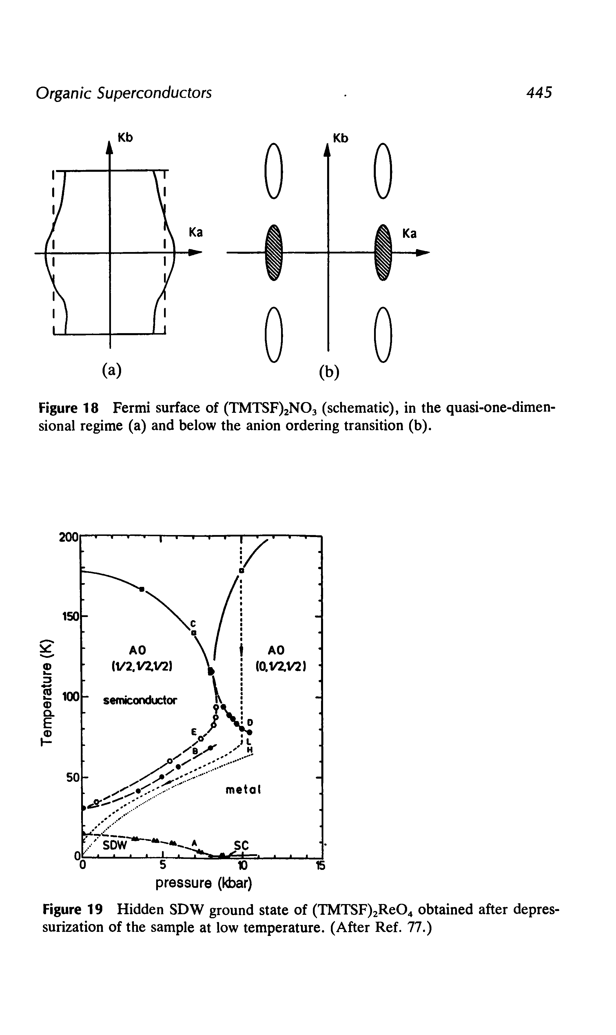 Figure 18 Fermi surface of (TMTSF)2N03 (schematic), in the quasi-one-dimen-sional regime (a) and below the anion ordering transition (b).