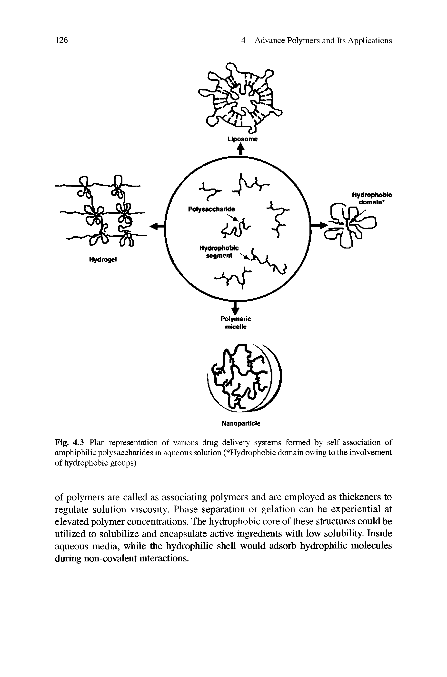 Fig. 4.3 Plan representation of various drug delivery systems formed by self-association of amphiphilic polysaccharides in aqueous solution ( Hydrophobic domain owing to the involvement of hydrophobic groups)...