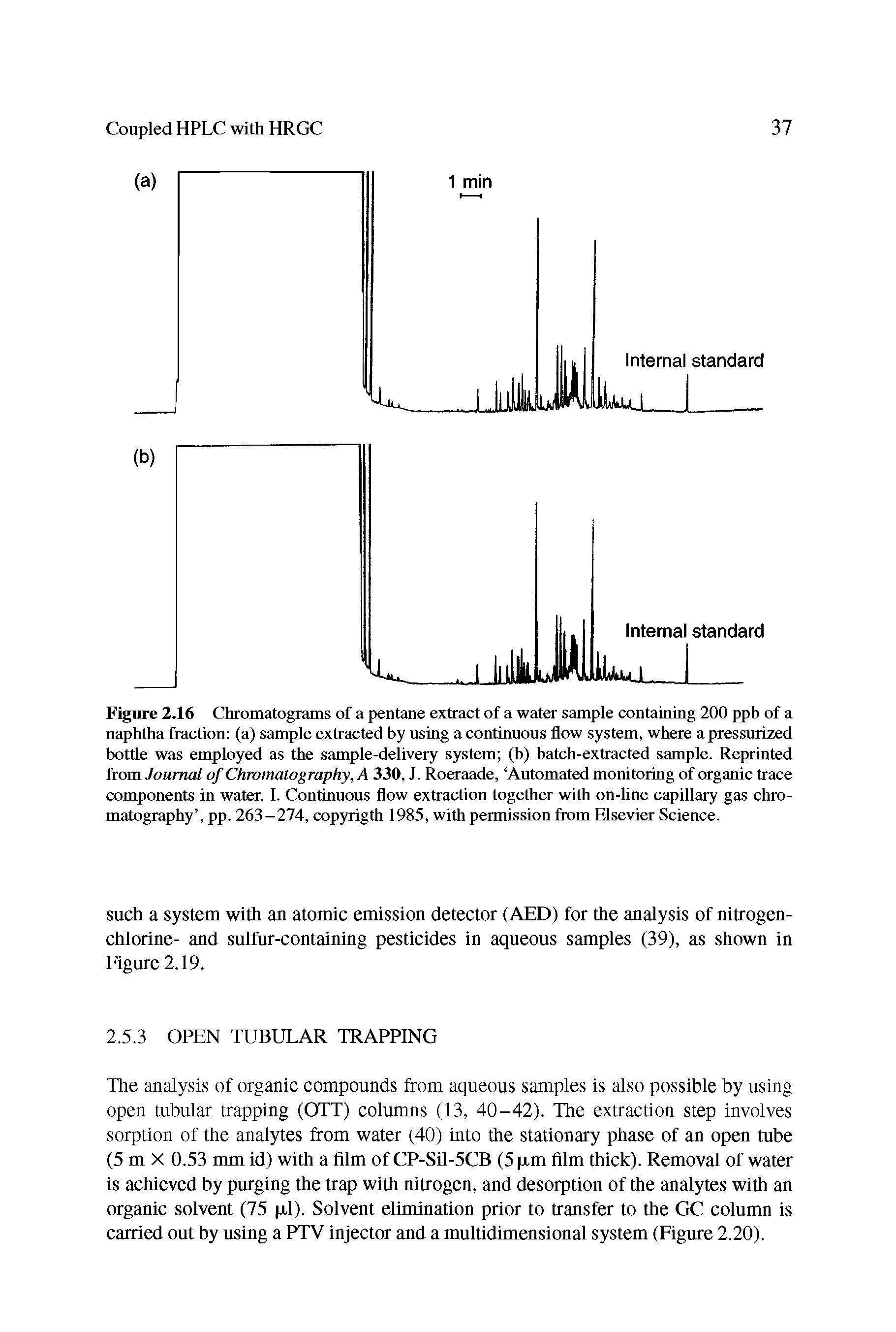 Figure 2.16 Chromatograms of a pentane extract of a water sample containing 200 ppb of a naphtha fraction (a) sample extracted by using a continuous flow system, where a pressurized bottle was employed as the sample-delivery system (b) batch-extracted sample. Reprinted from Journal of Chromatography, A 330, J. Roeraade, Automated monitoring of organic trace components in water. I. Continuous flow extraction together with on-line capillary gas chromatography , pp. 263-274, copyrigth 1985, with permission from Elsevier Science.