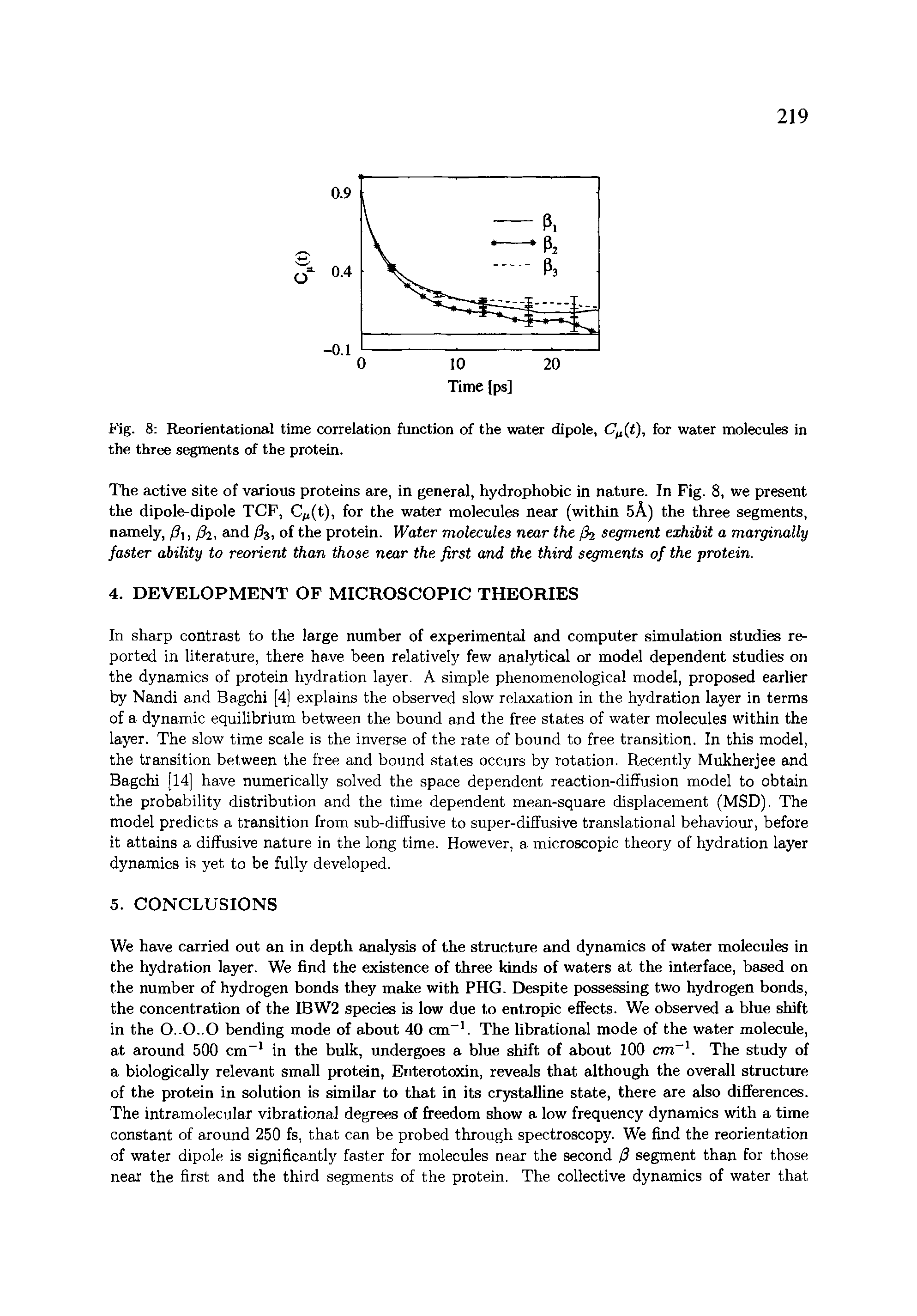 Fig. 8 Reorientational time correlation function of the water dipole, C (<), for water molecules in the three segments of the protein.