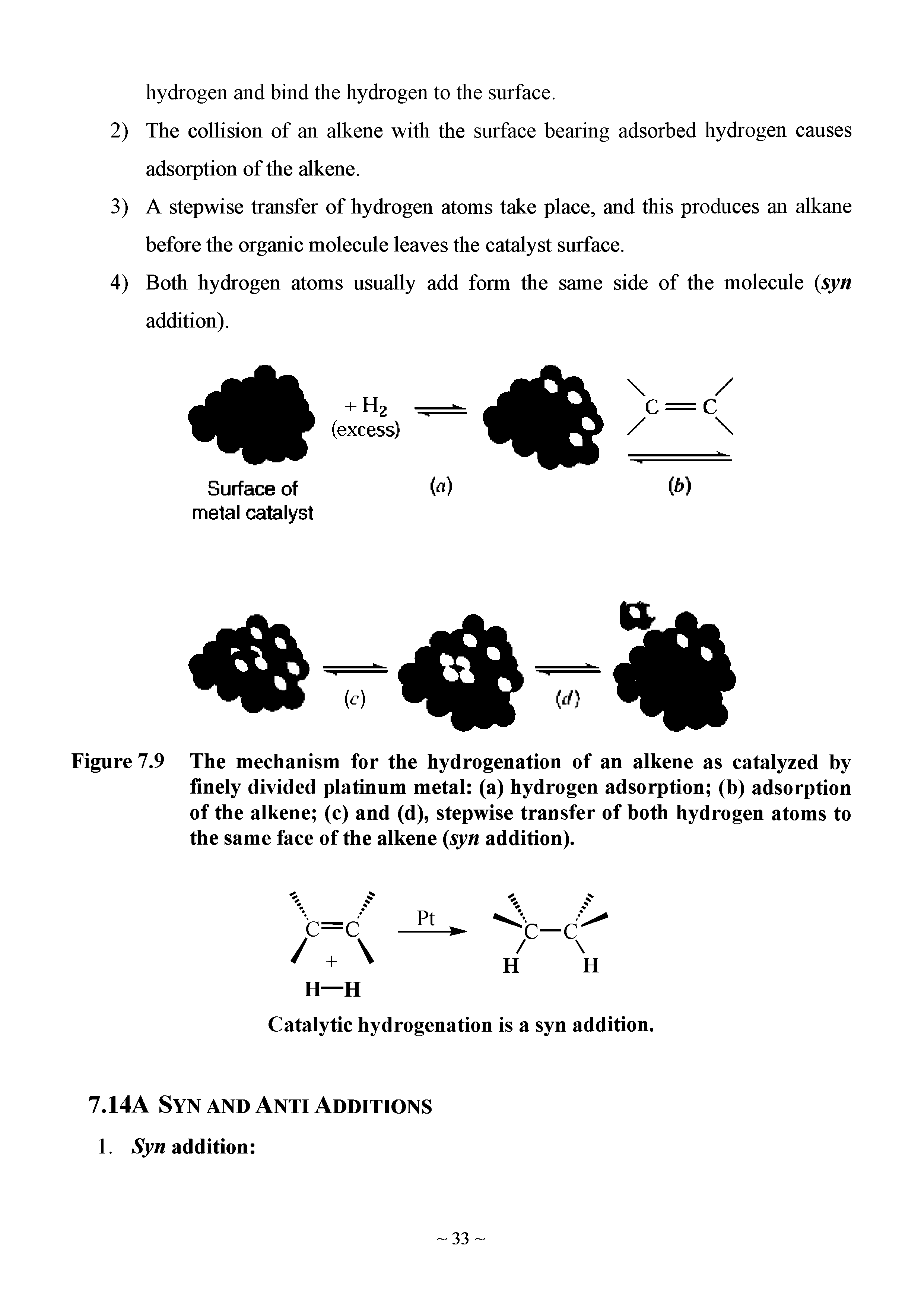 Figure 7.9 The mechanism for the hydrogenation of an alkene as catalyzed by finely divided platinum metal (a) hydrogen adsorption (b) adsorption of the alkene (c) and (d), stepwise transfer of both hydrogen atoms to the same face of the alkene (syn addition).