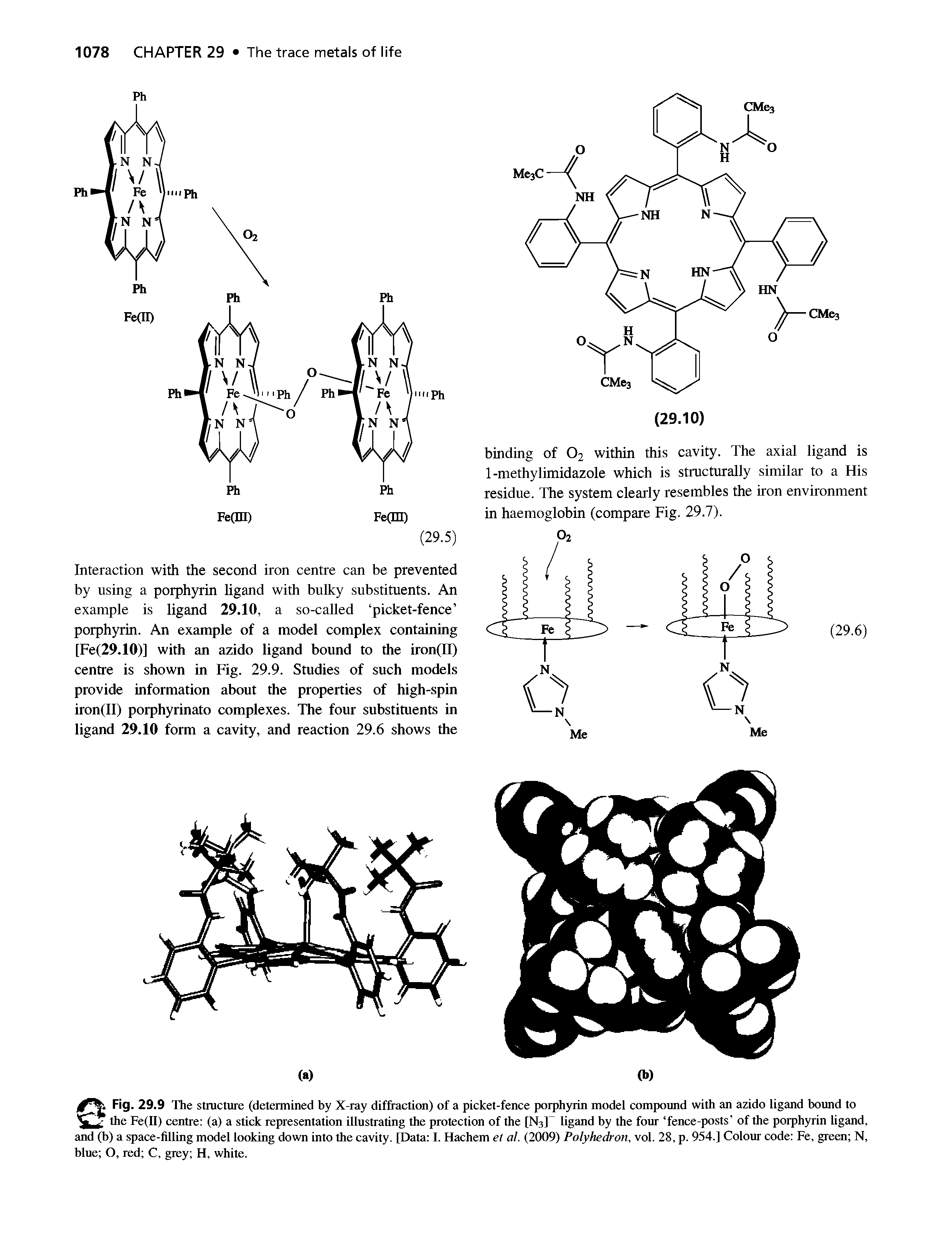 Fig. 29.9 The structure (determined by X-ray diffractirai) of a picket-fence porphyrin model compound with an azido ligand bound to the Fe(II) centre (a) a stick representation illustrating the protection of the [N3] ligand by the four fence-posts of the porphyrin ligand, and (b) a space-filling model looking down into the cavity. [Data I. Hachem e( al. (2009) Polyhedron, vol. 28, p. 954.] Coloin code Fe, gretai N, blue O, red C, grey H, white.