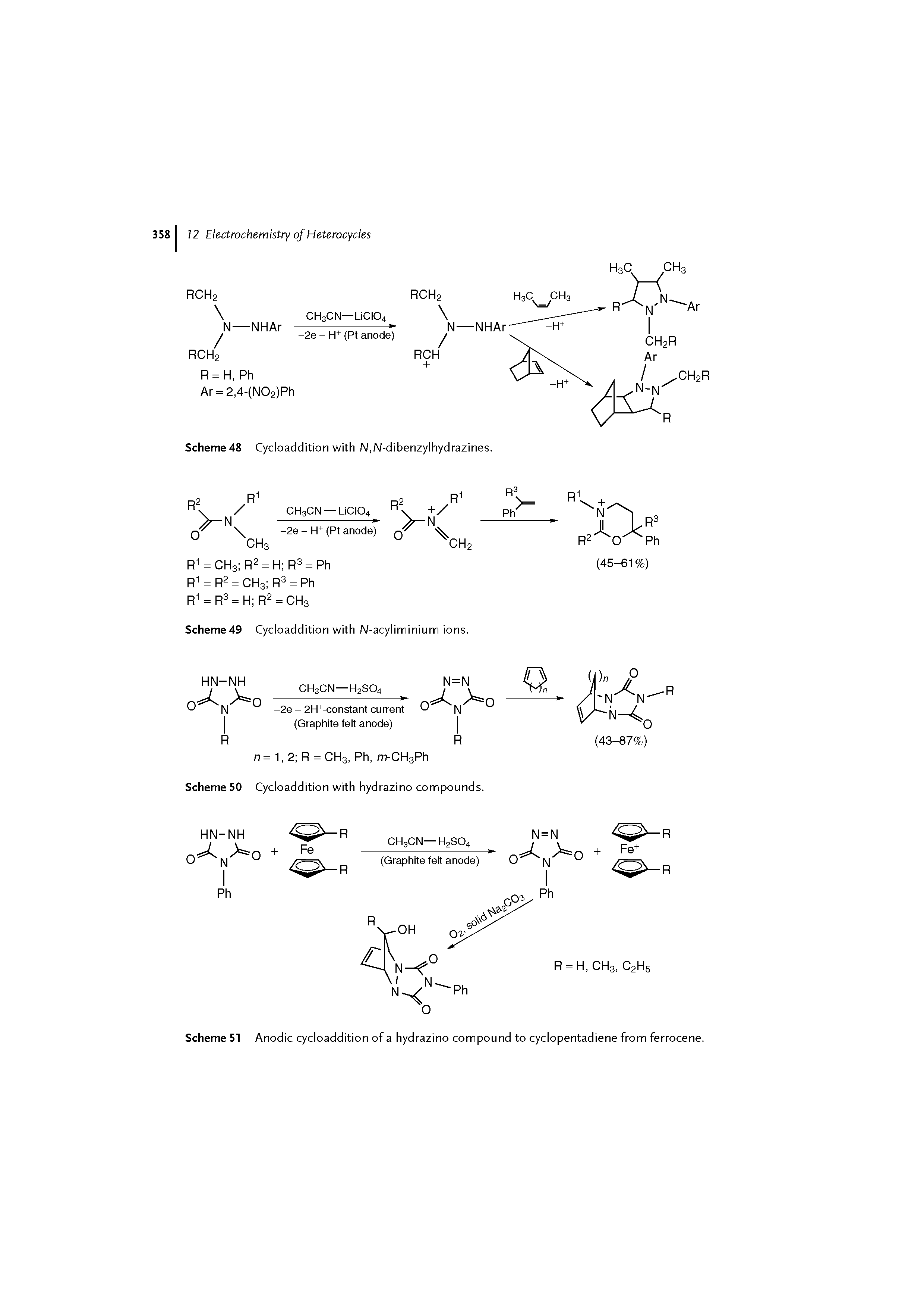 Scheme 51 Anodic cycloaddition of a hydrazino compound to cyclopentadiene from ferrocene.
