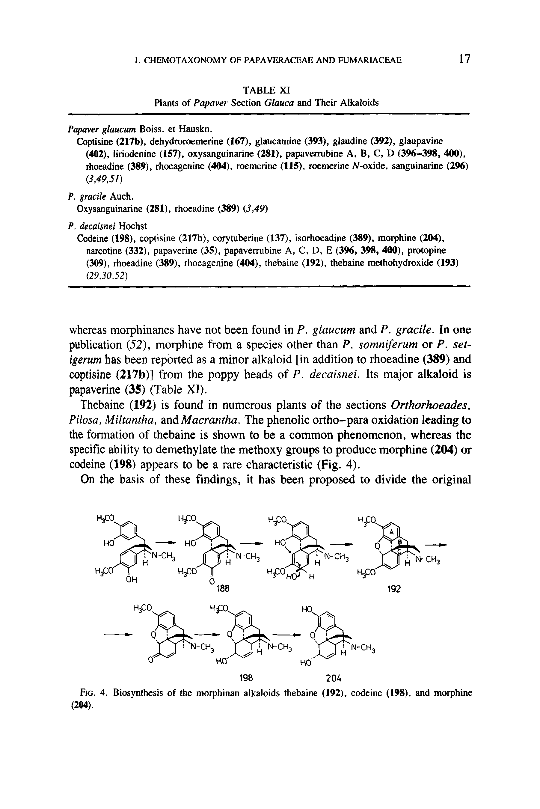 Fig. 4. Biosynthesis of the morphinan alkaloids thebaine (192), codeine (198), and morphine (204).