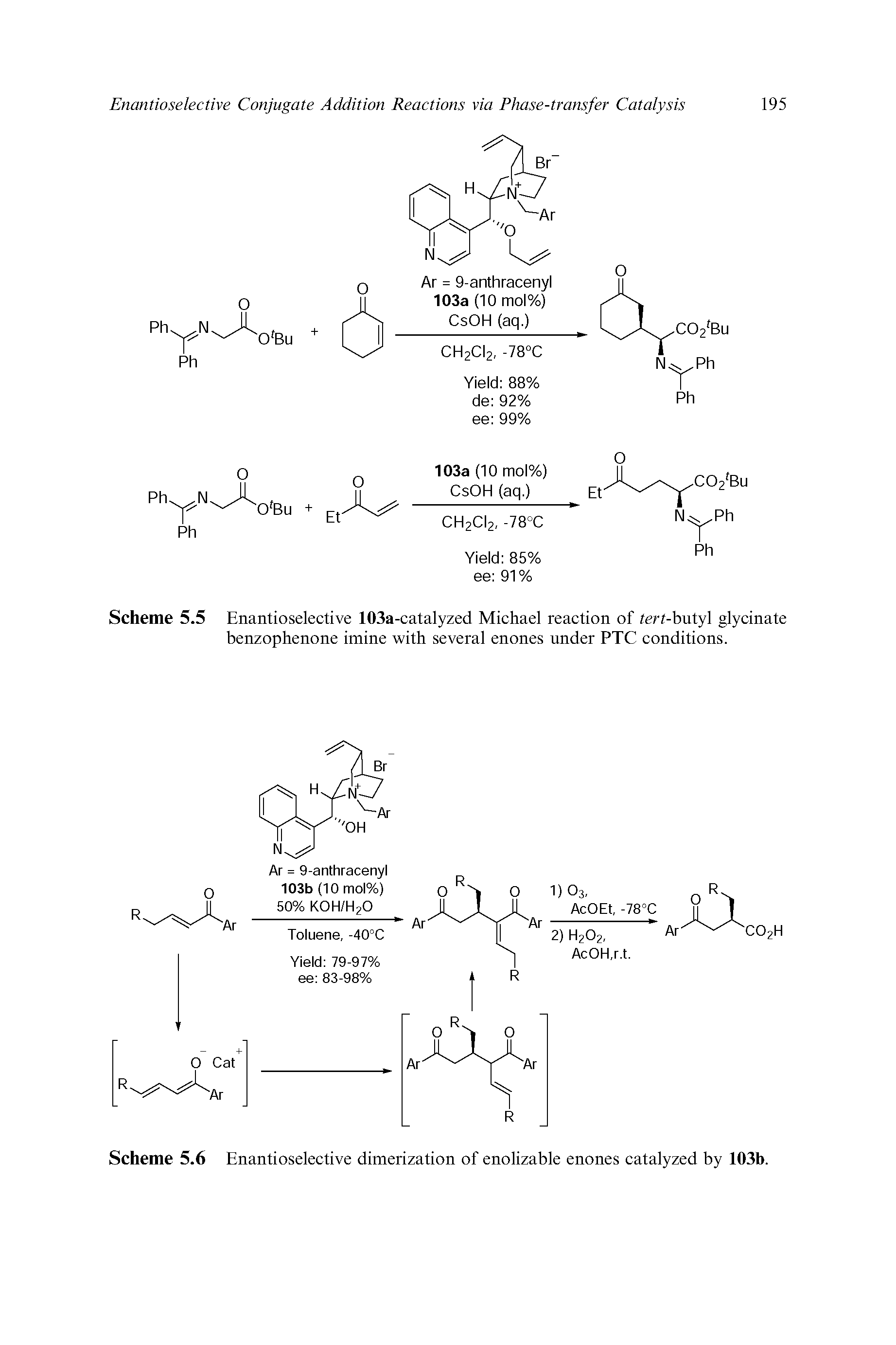 Scheme 5.5 Enantioselective 103a-catalyzed Michael reaction of tert-butyl glycinate benzophenone imine with several enones under PTC conditions.